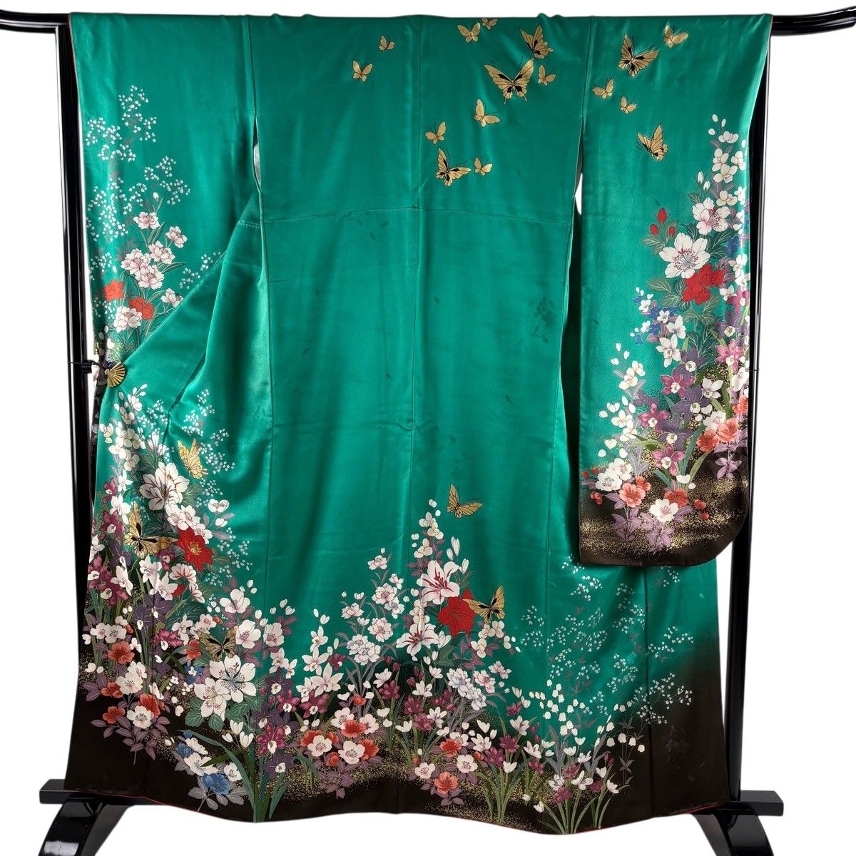 振袖 身丈161cm 裄丈66cm M 袷 草花 蝶 箔 金彩 緑 正絹 秀品 【中古】