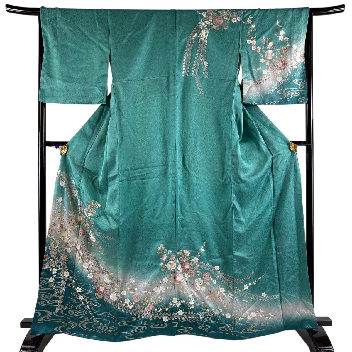 訪問着 身丈164cm 裄丈66.5cm M 袷 草花 流水 金銀彩 ぼかし 緑 正絹 秀品 【中古】