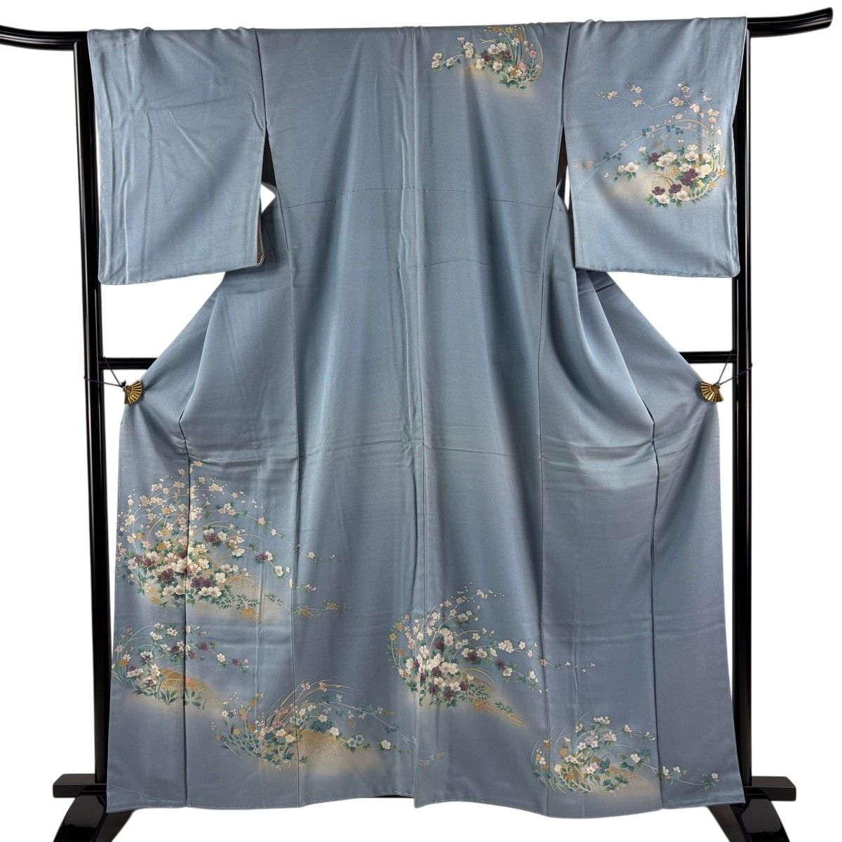 訪問着 身丈161.5cm 裄丈67.5cm L 袷 草花 梅 金糸 金彩 青灰色 正絹 秀品 【中古】