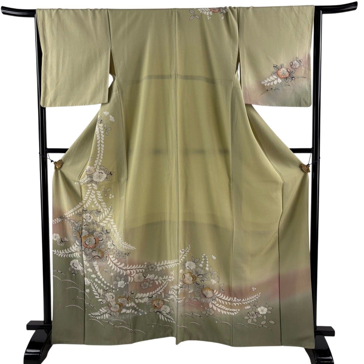 訪問着 身丈164.5cm 裄丈67cm M 袷 草花 藤 絞り 金彩 抹茶色 正絹 秀品 【中古】