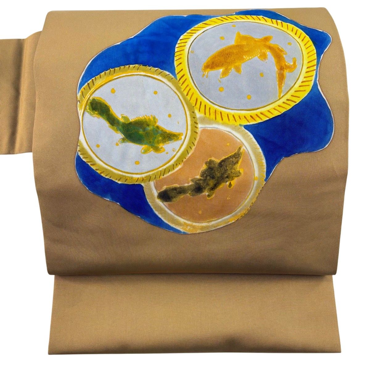 【美品】 名古屋帯 名品 落款 北大路魯山人 魚 金彩 黄土色 正絹 【中古】