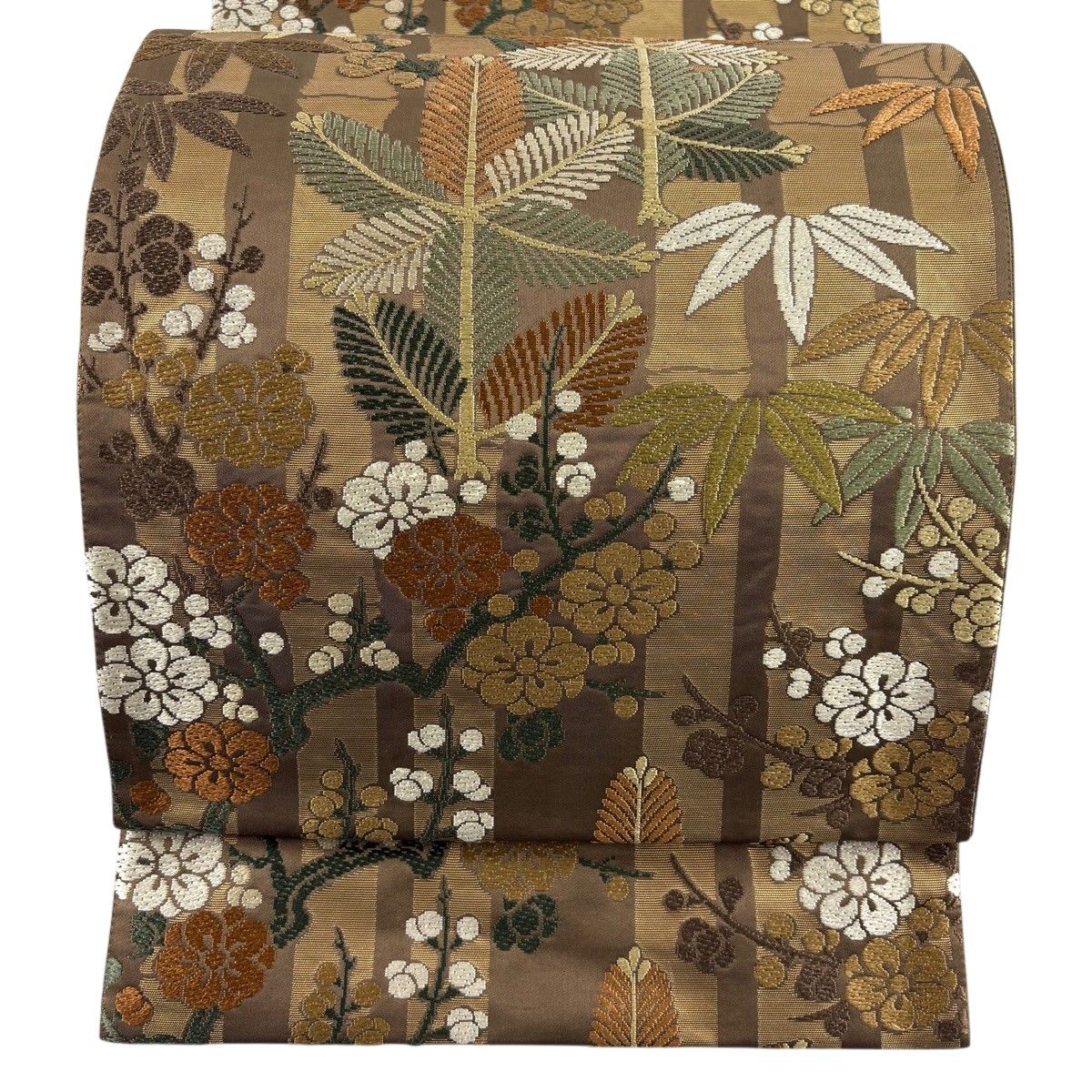 【美品】 袋帯 名品 松竹梅 箔 茶色 六通 正絹 【中古】