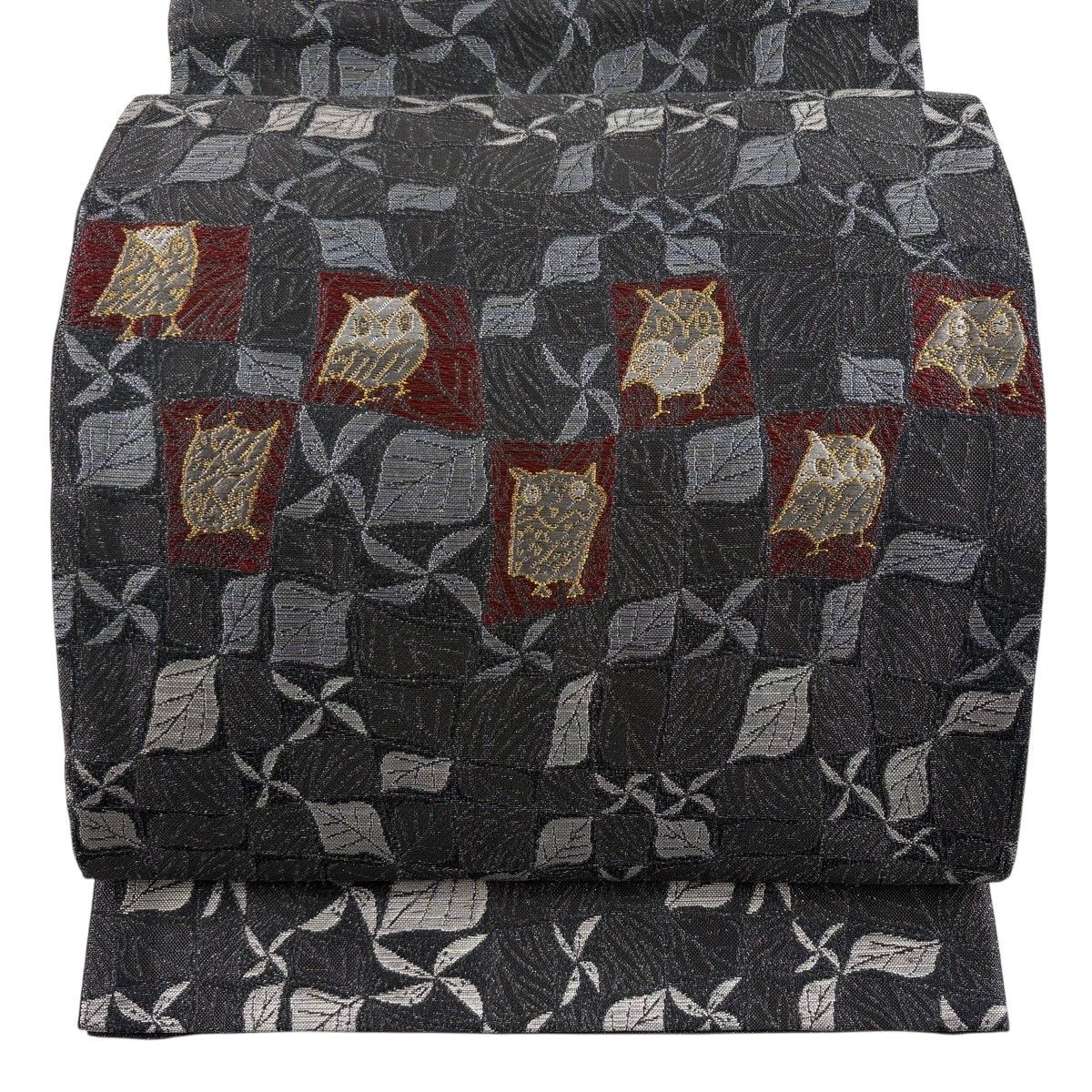 【美品】 袋帯 名品 ふくろう 草花 金銀糸 箔 黒灰 お太鼓柄 正絹 【中古】