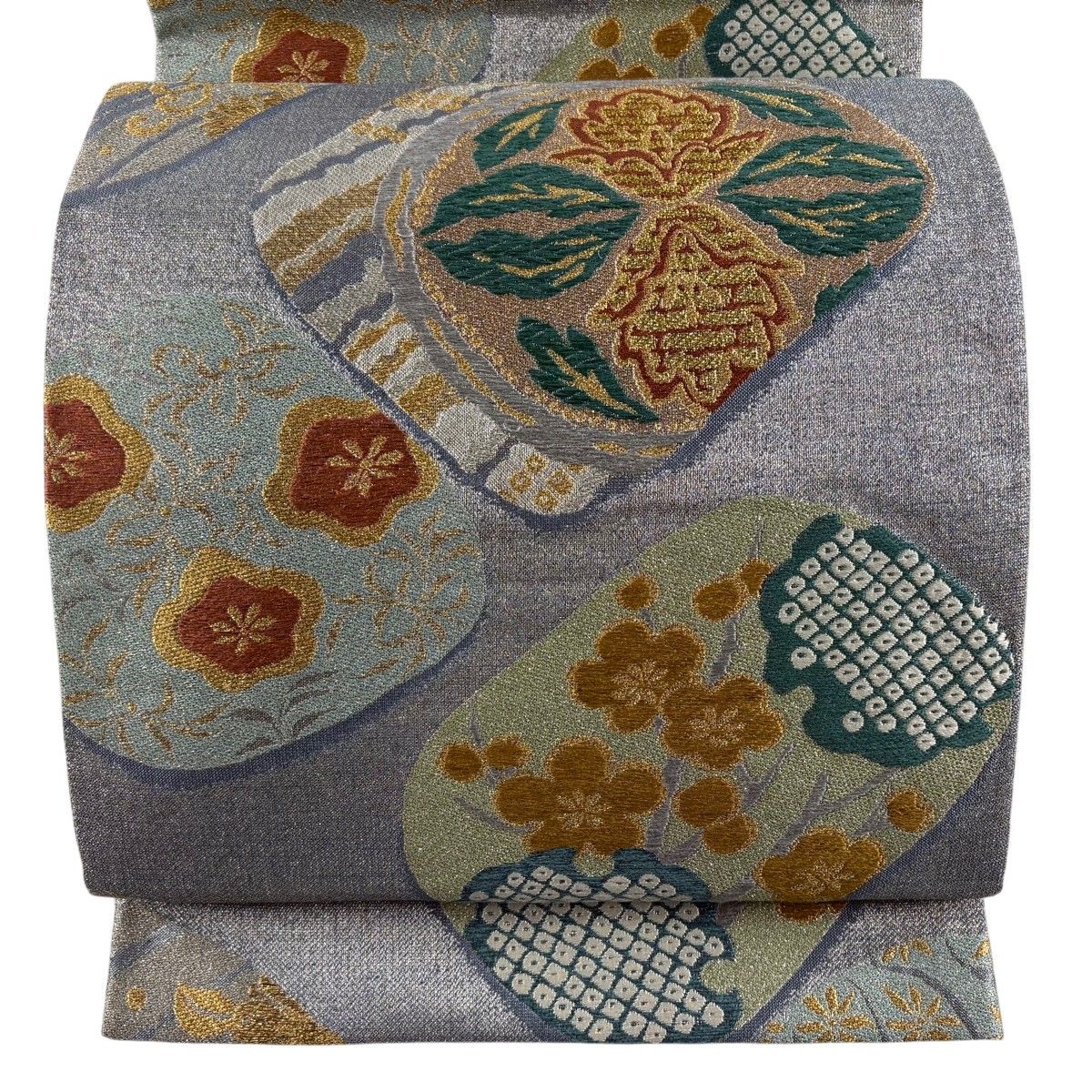【美品】 袋帯 名品 梅 草花 金銀糸 唐織 青灰色 六通 正絹 【中古】 11,376円