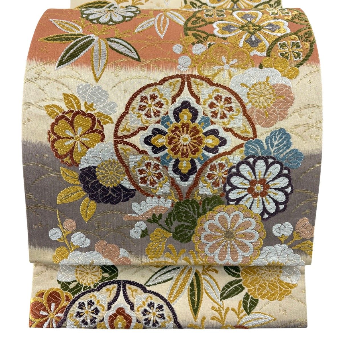 【美品】 袋帯 名品 絹の花 七宝花菱 草花 唐織 箔 ベージュ 六通 正絹 【中古】