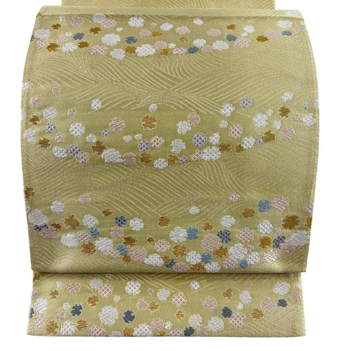 袋帯 名品 ますいわ屋 雪輪光琳波文 唐織 箔 抹茶色 六通 正絹 【中古】