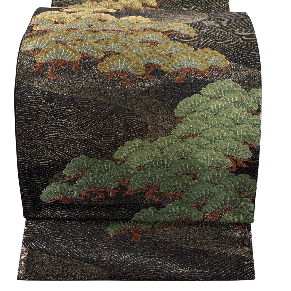 袋帯 名品 花井幸子 落款 松 波 唐織 箔 黒 六通 正絹 【中古】