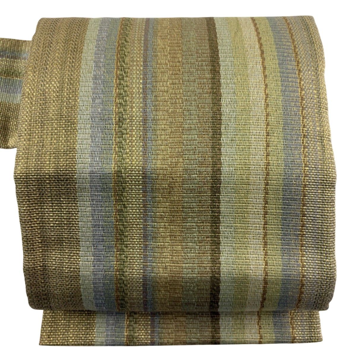 名古屋帯 秀品 縞 金糸 抹茶色 正絹 【中古】