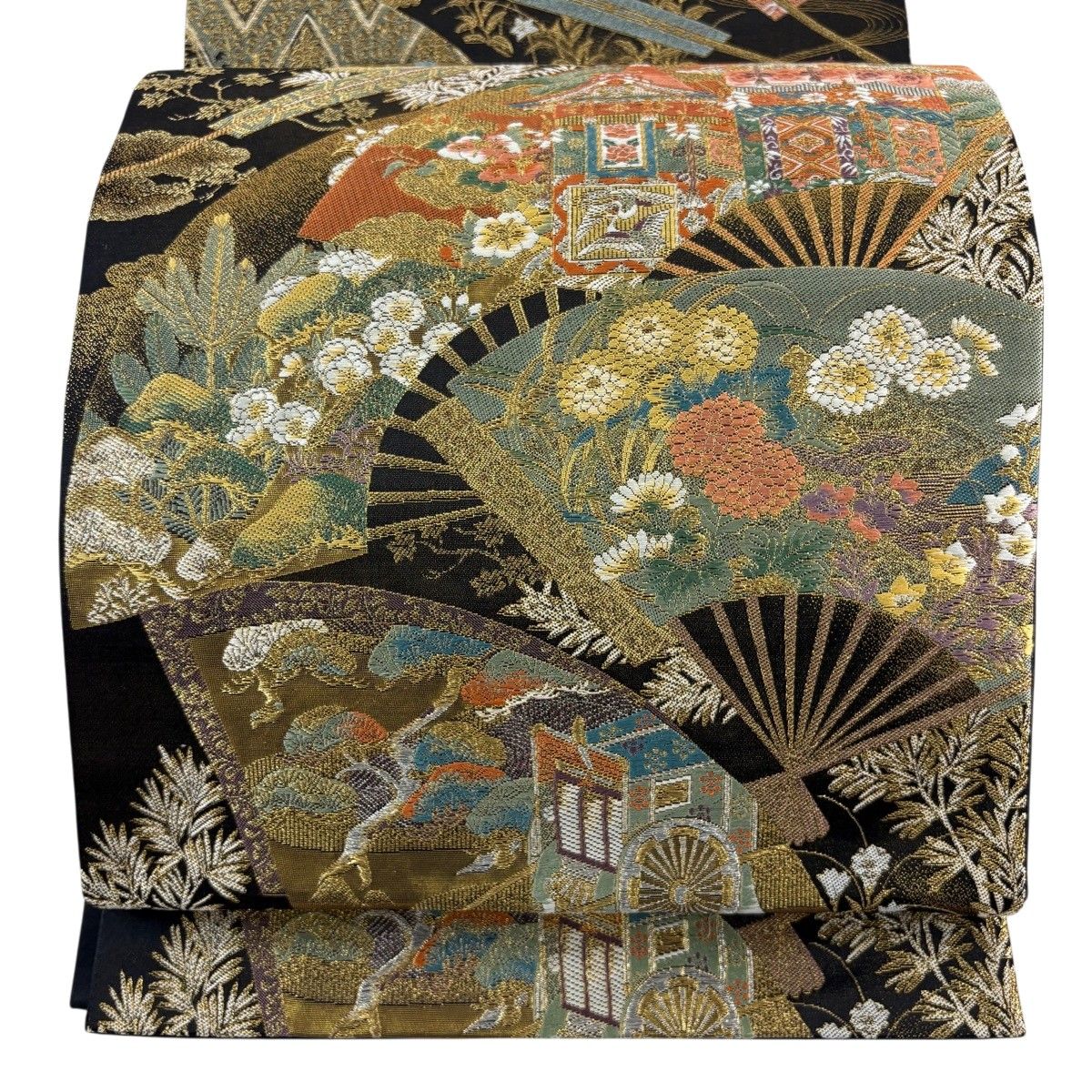 【美品】 袋帯 秀品 扇 草花 箔 金銀糸 焦茶色 六通 正絹 【中古】