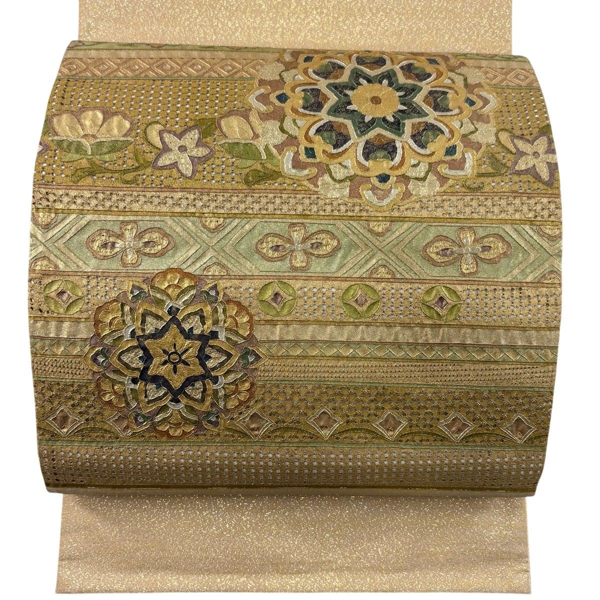 【美品】 袋帯 秀品 華文 草花 刺繍 金彩 ベージュ お太鼓柄 正絹 【中古】