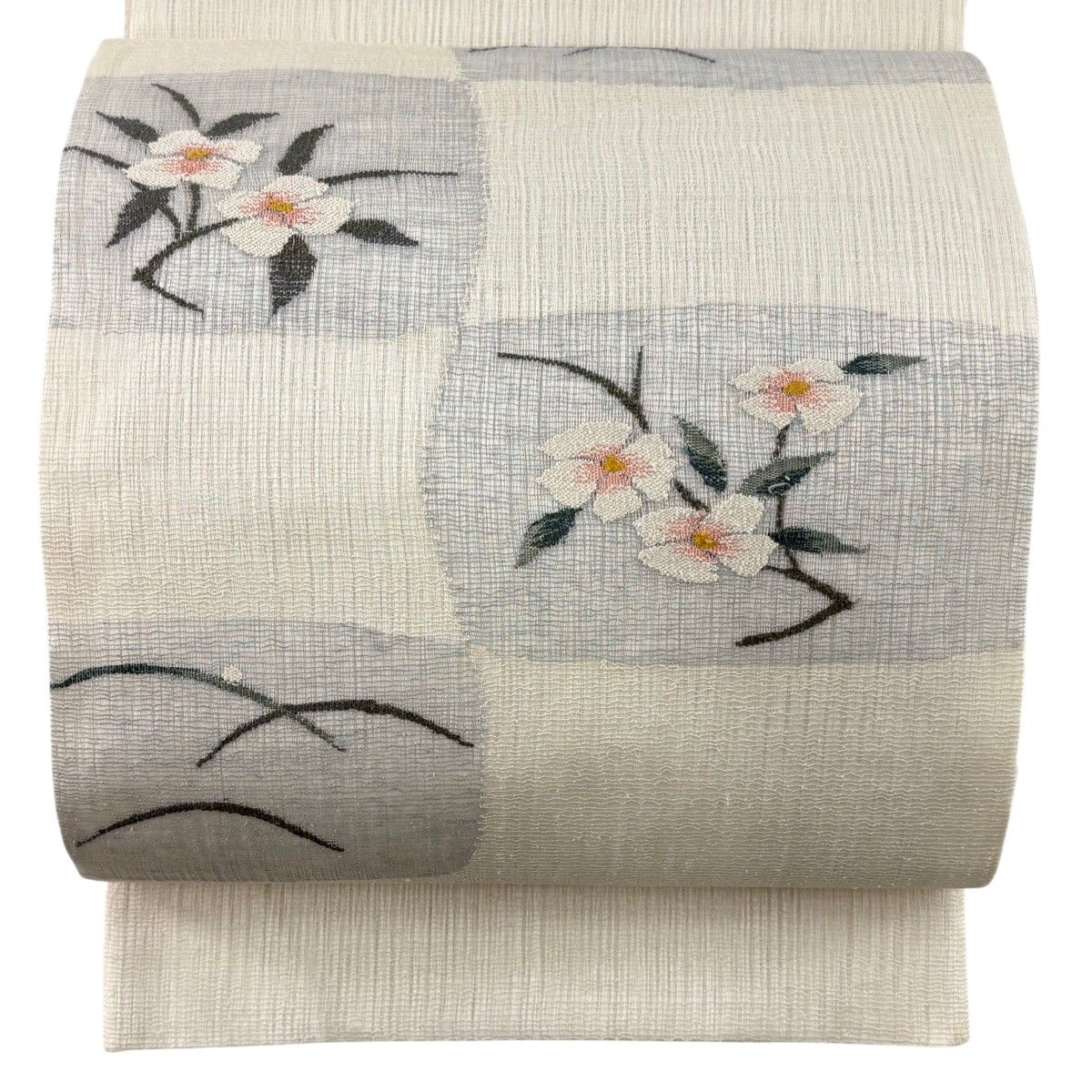 袋帯 秀品 夏帯 枝花 露芝 クリーム お太鼓柄 正絹 【中古】 8,260円