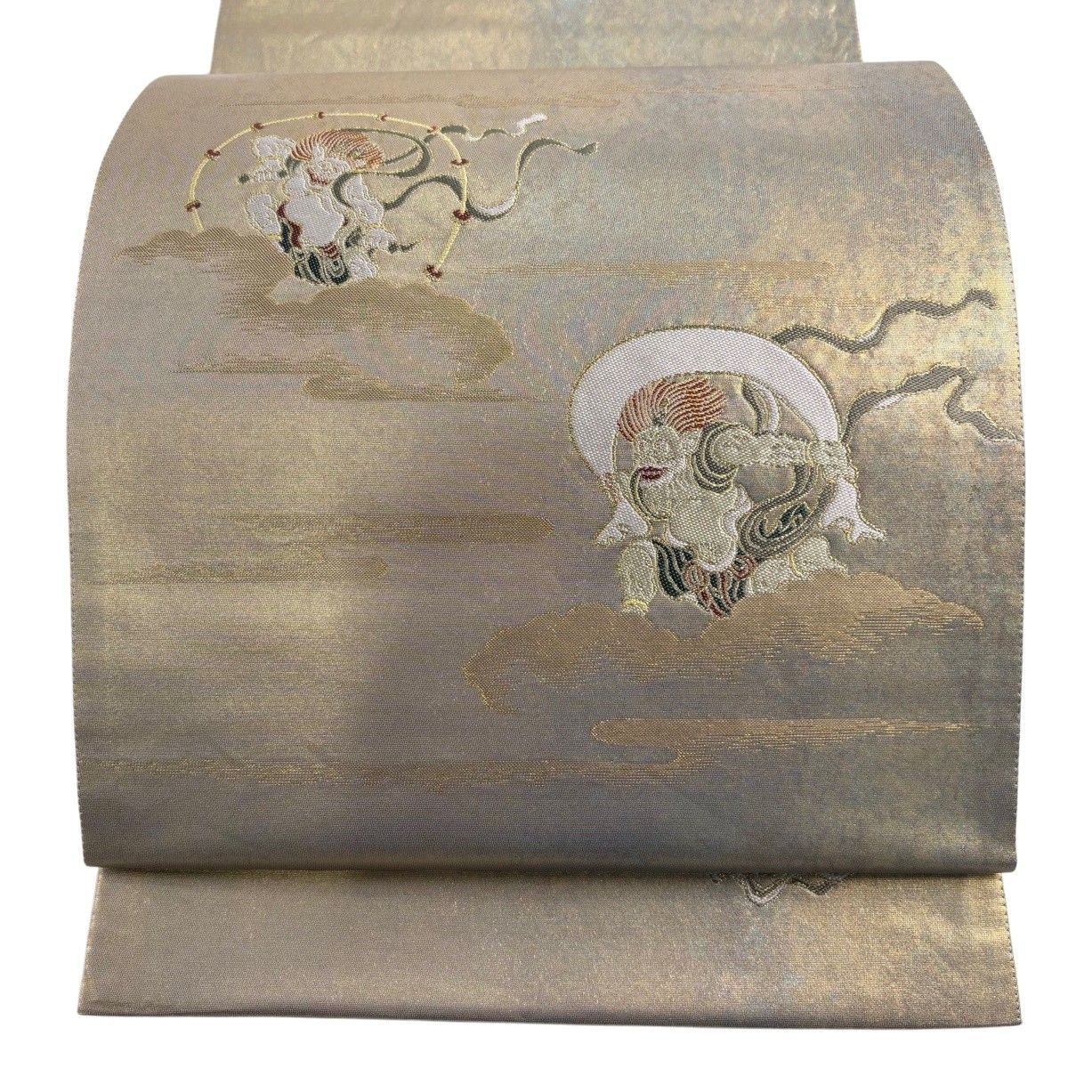 【美品】 袋帯 秀品 松尾光琳 落款 風神雷神 金糸 箔 金色 お太鼓柄 正絹 【中古】