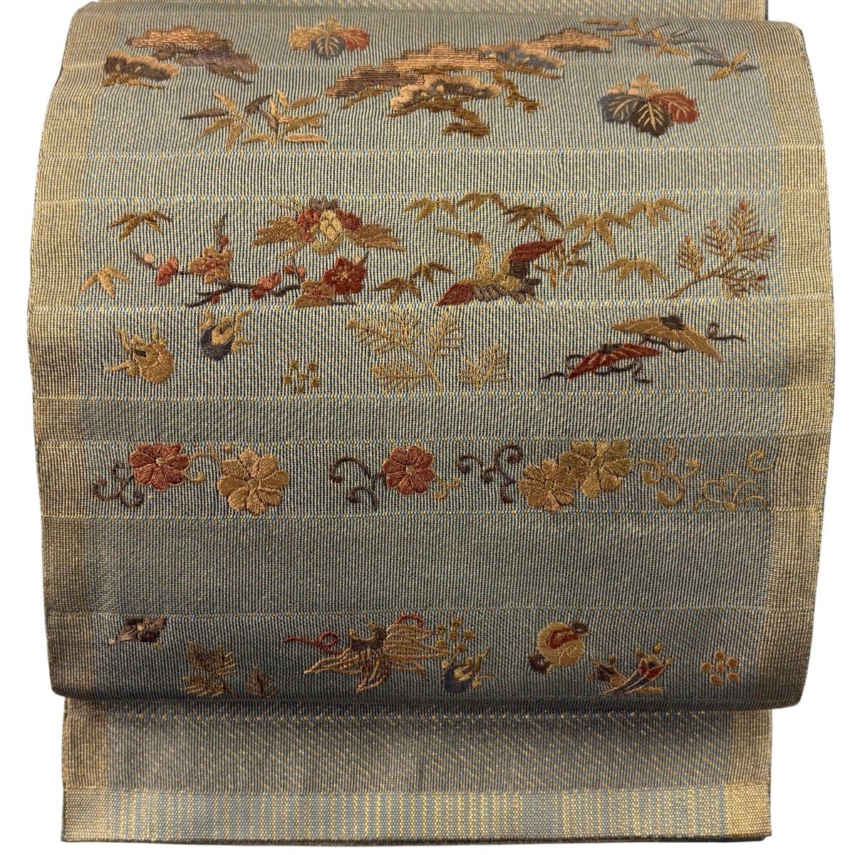 【美品】 袋帯 秀品 松竹梅 宝尽くし 刺繍 金通し 灰緑 お太鼓柄 正絹 【中古】