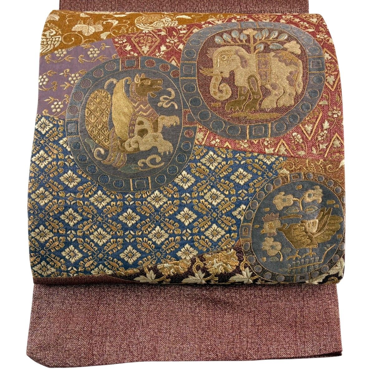 【美品】 袋帯 秀品 動物 草花 刺繍 金糸 赤茶 お太鼓柄 正絹 【中古】