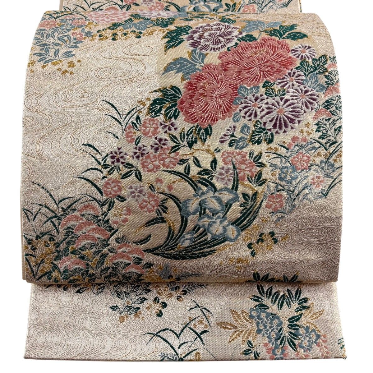 【美品】 袋帯 秀品 花丸文 流水 金糸 金彩 ベージュ 六通 正絹 【中古】
