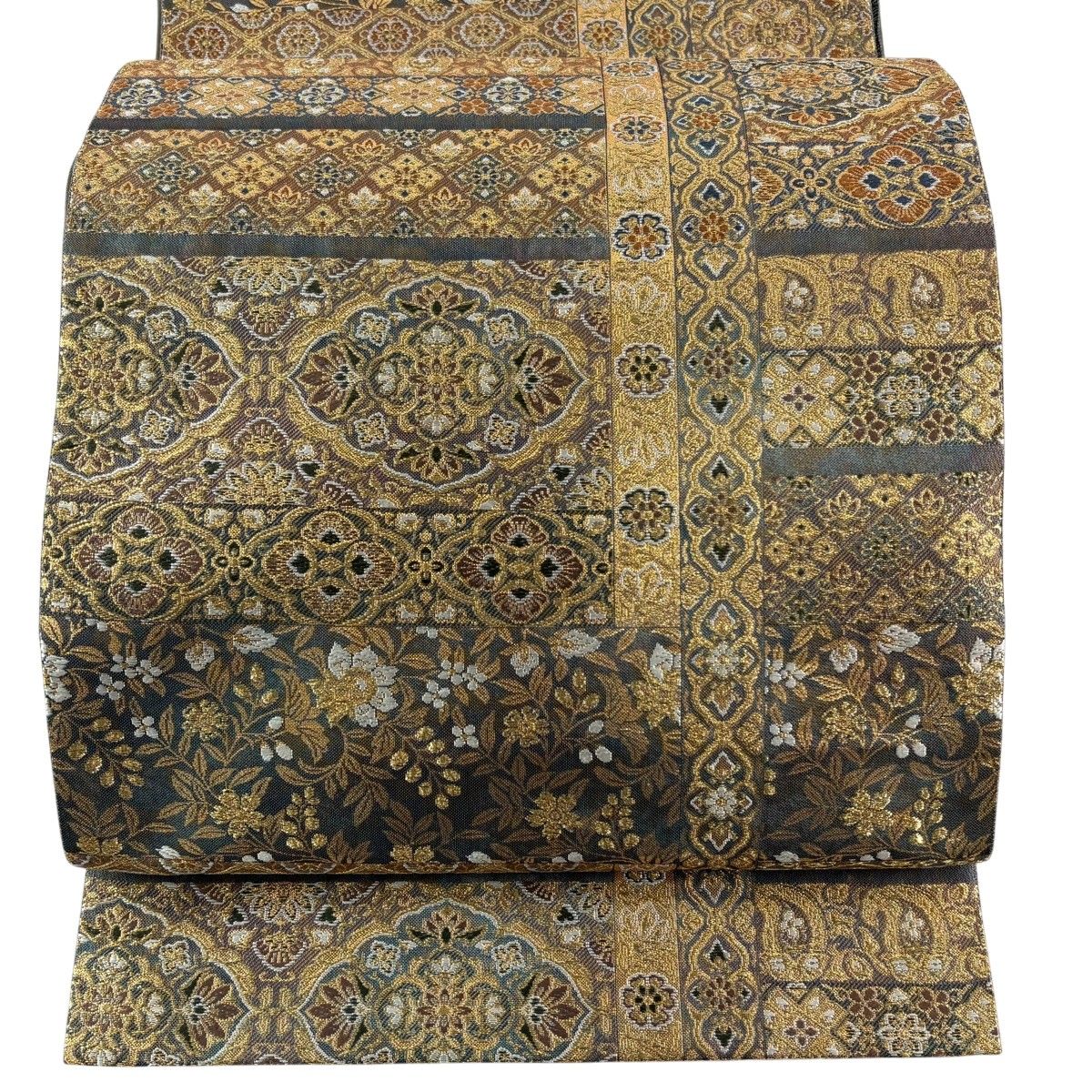 【美品】 袋帯 秀品 華文 花菱 金糸 箔 灰緑 六通 正絹 【中古】