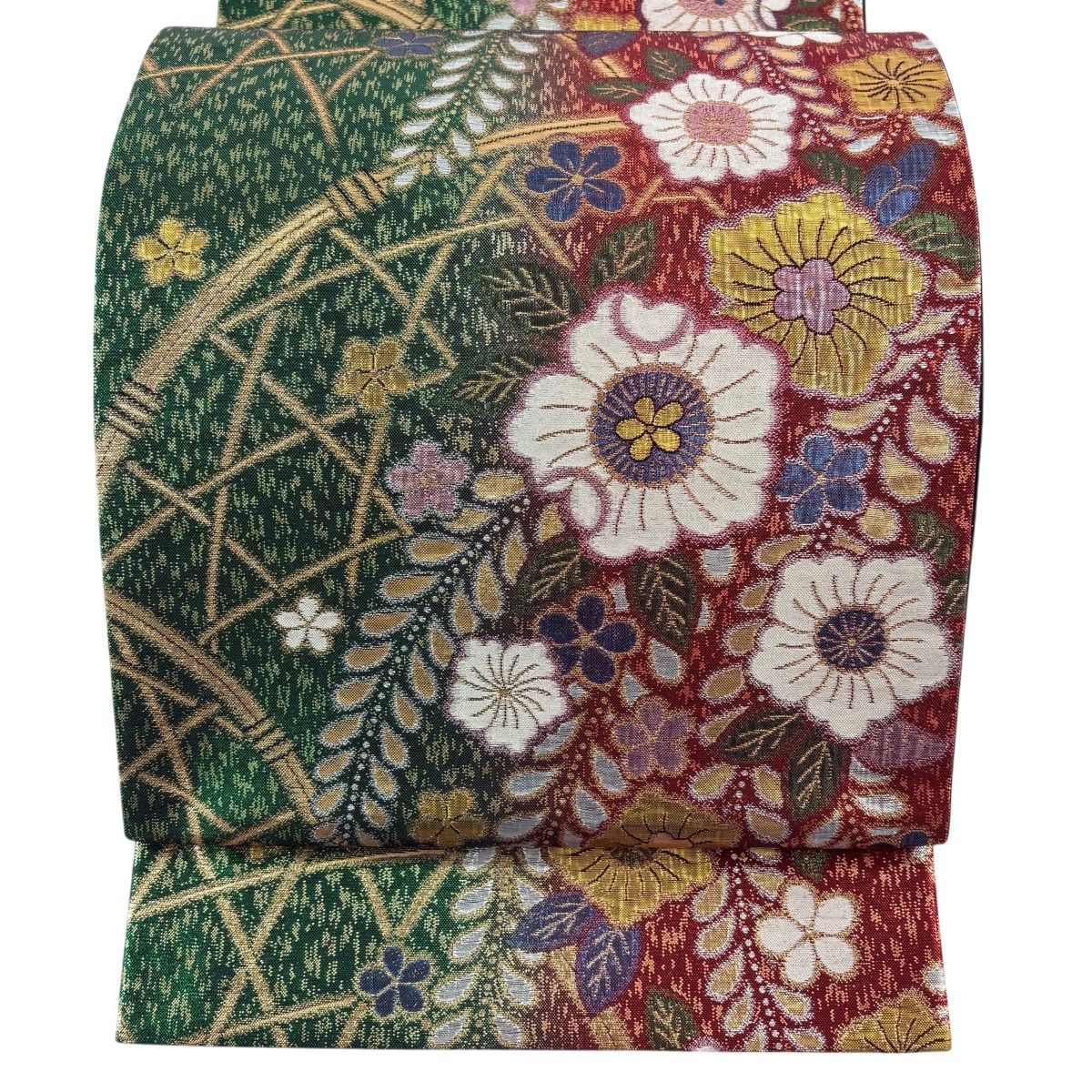 【美品】 袋帯 秀品 振袖向き 鈴乃屋 草花 光悦垣 箔 赤 六通 正絹 【中古】