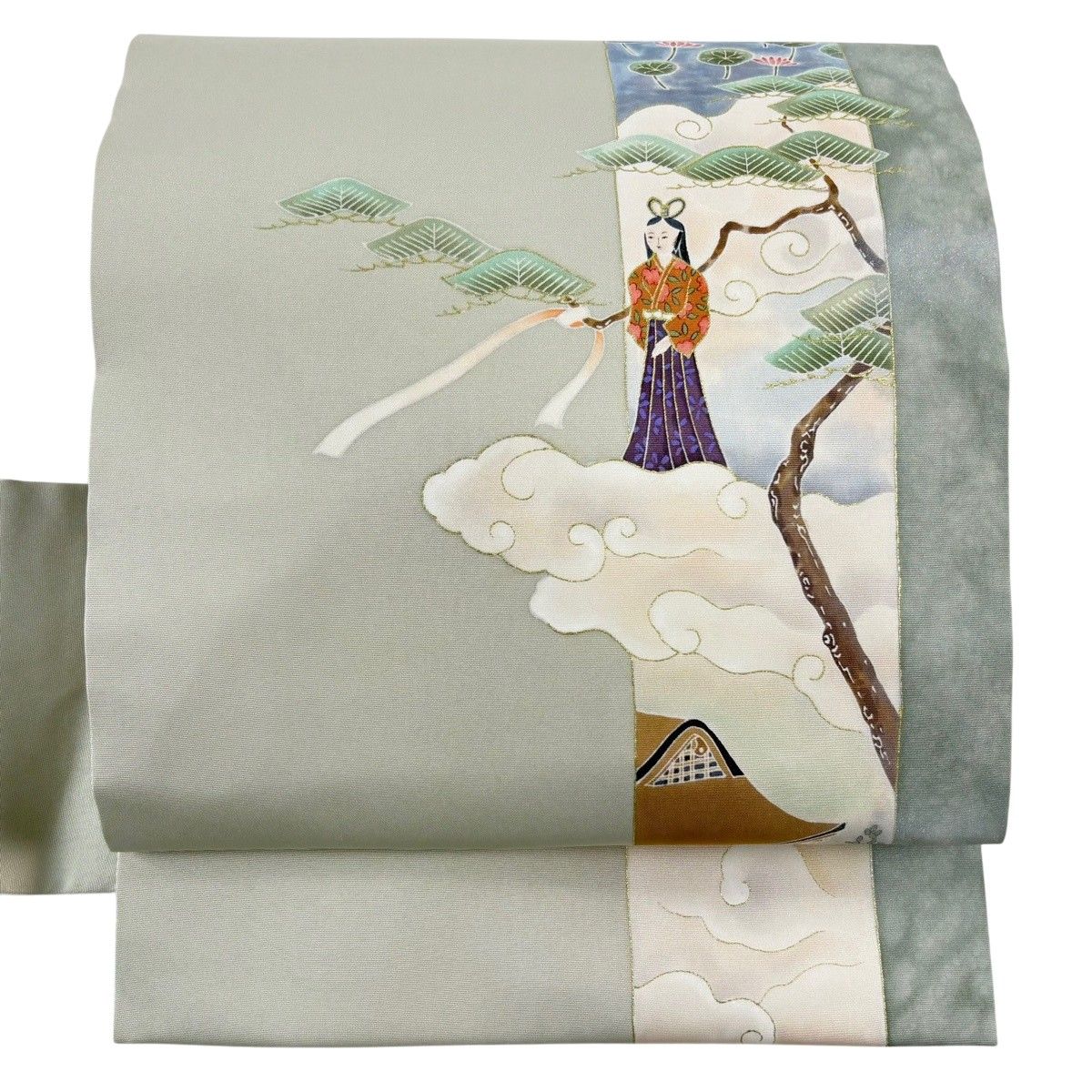 【美品】 名古屋帯 秀品 天女 笠松 金彩 灰色 正絹 【中古】