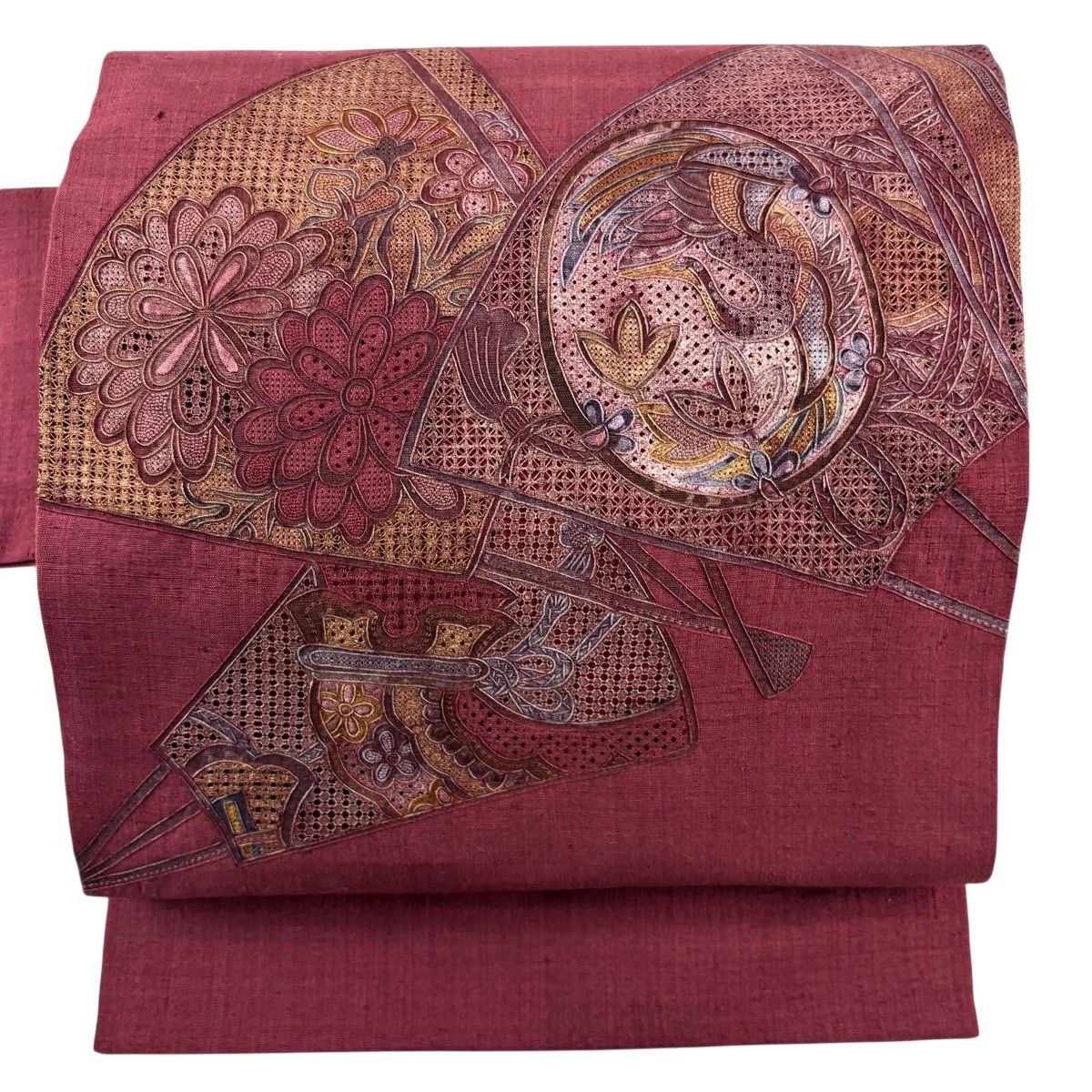 名古屋帯 秀品 紬地 花鳥 扇子 刺繍 えんじ色 正絹 【中古】