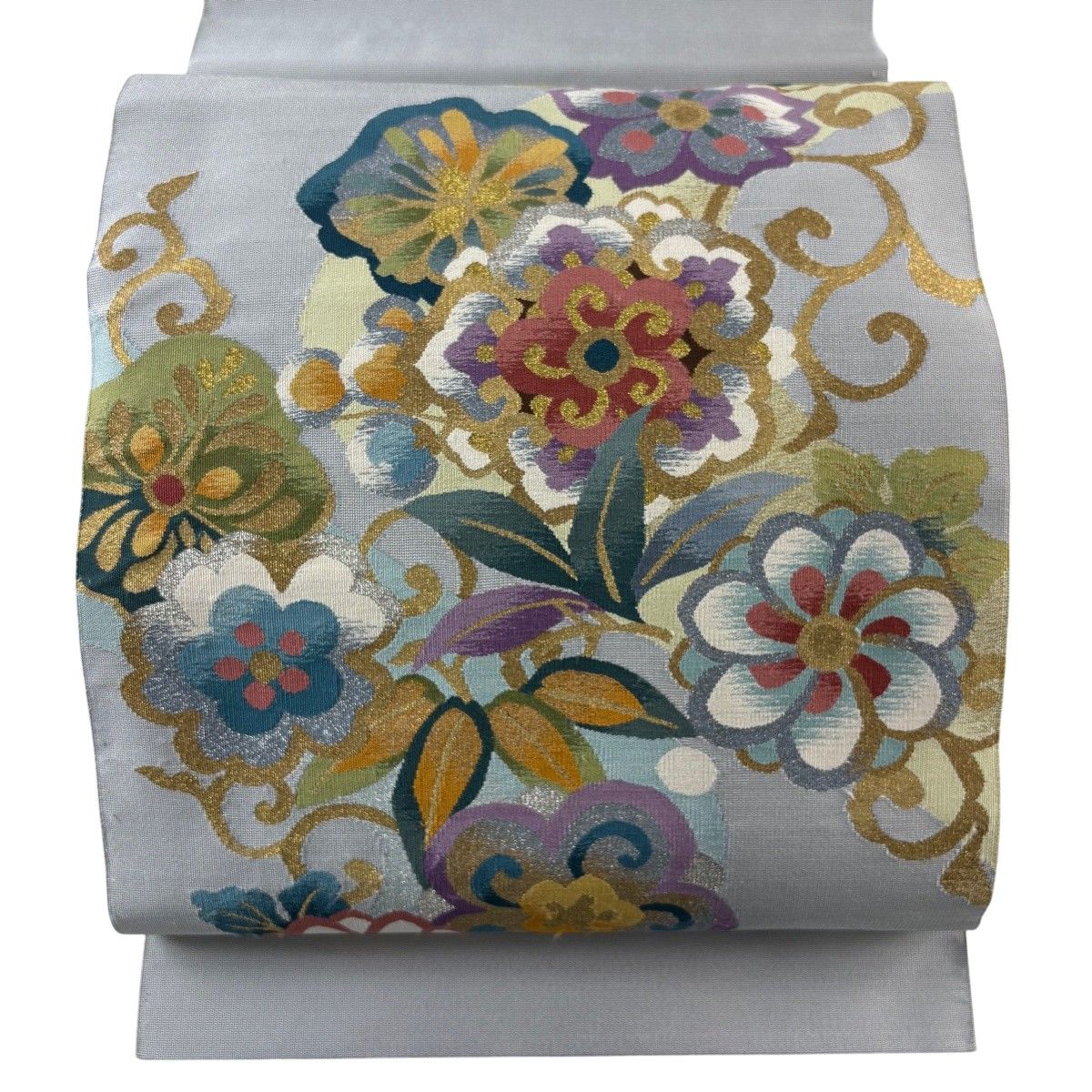 【美品】 名古屋帯 秀品 八寸名古屋帯 松葉仕立て 花唐草 金銀糸 青灰色 正絹 【中古】