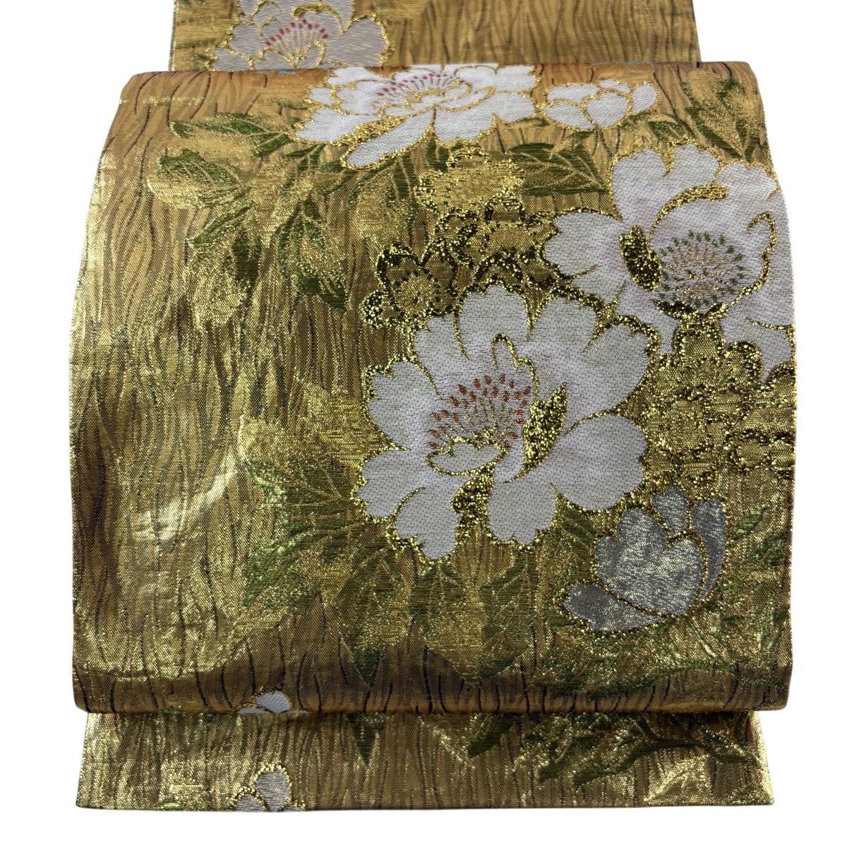 【美品】 袋帯 秀品 振袖向き 草花 金糸 箔 金色 六通 正絹 【中古】