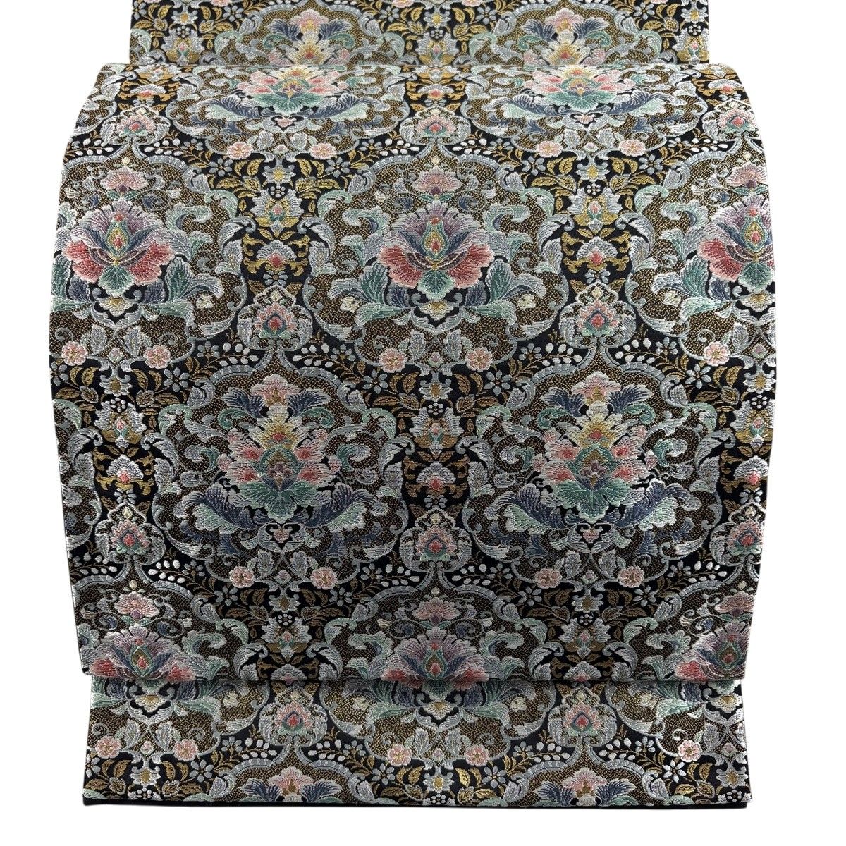 【美品】 袋帯 秀品 花唐草 草花 箔 唐織 黒 六通 正絹 【中古】