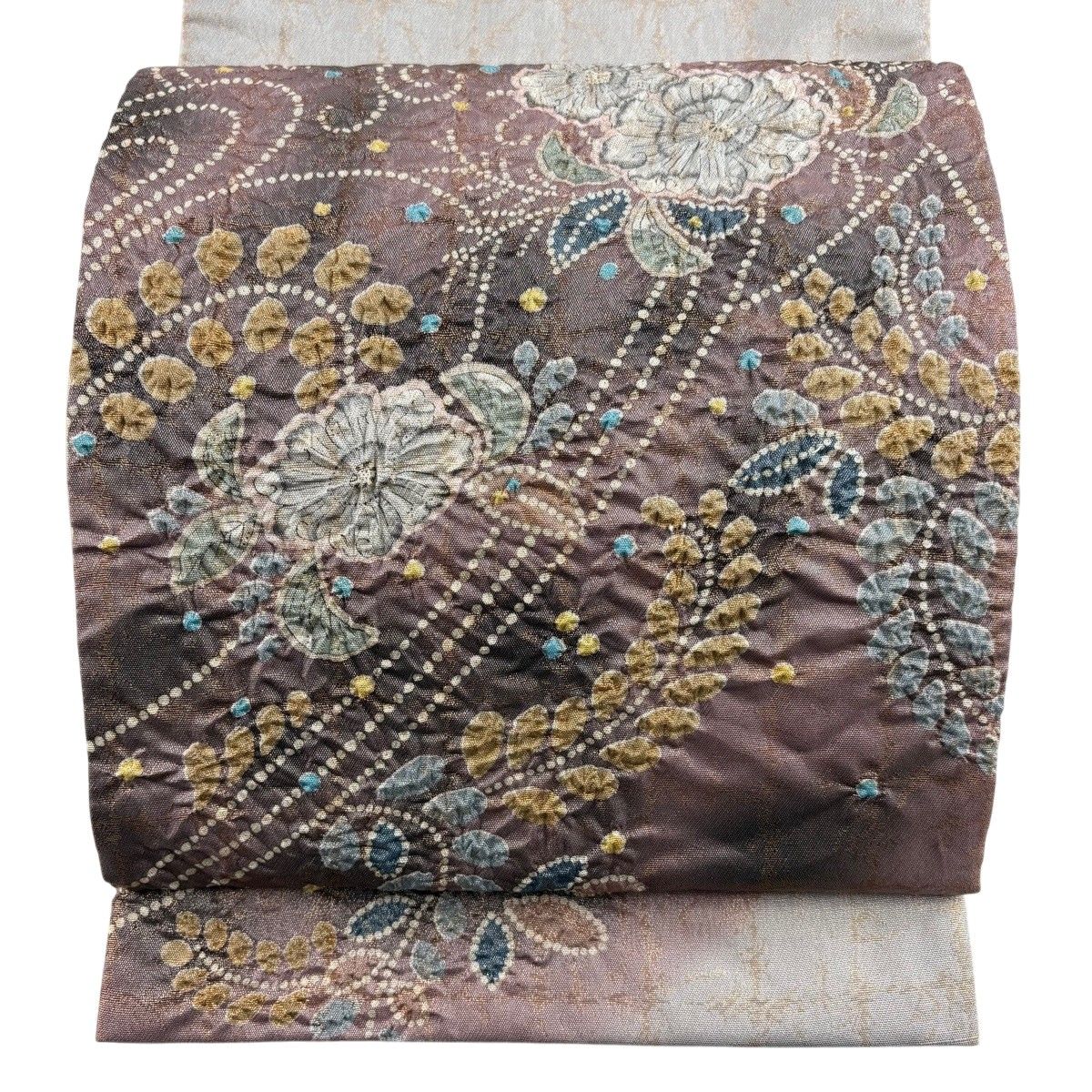 【美品】 袋帯 秀品 辻が花 箔 銀通し 灰紫 お太鼓柄 正絹 【中古】