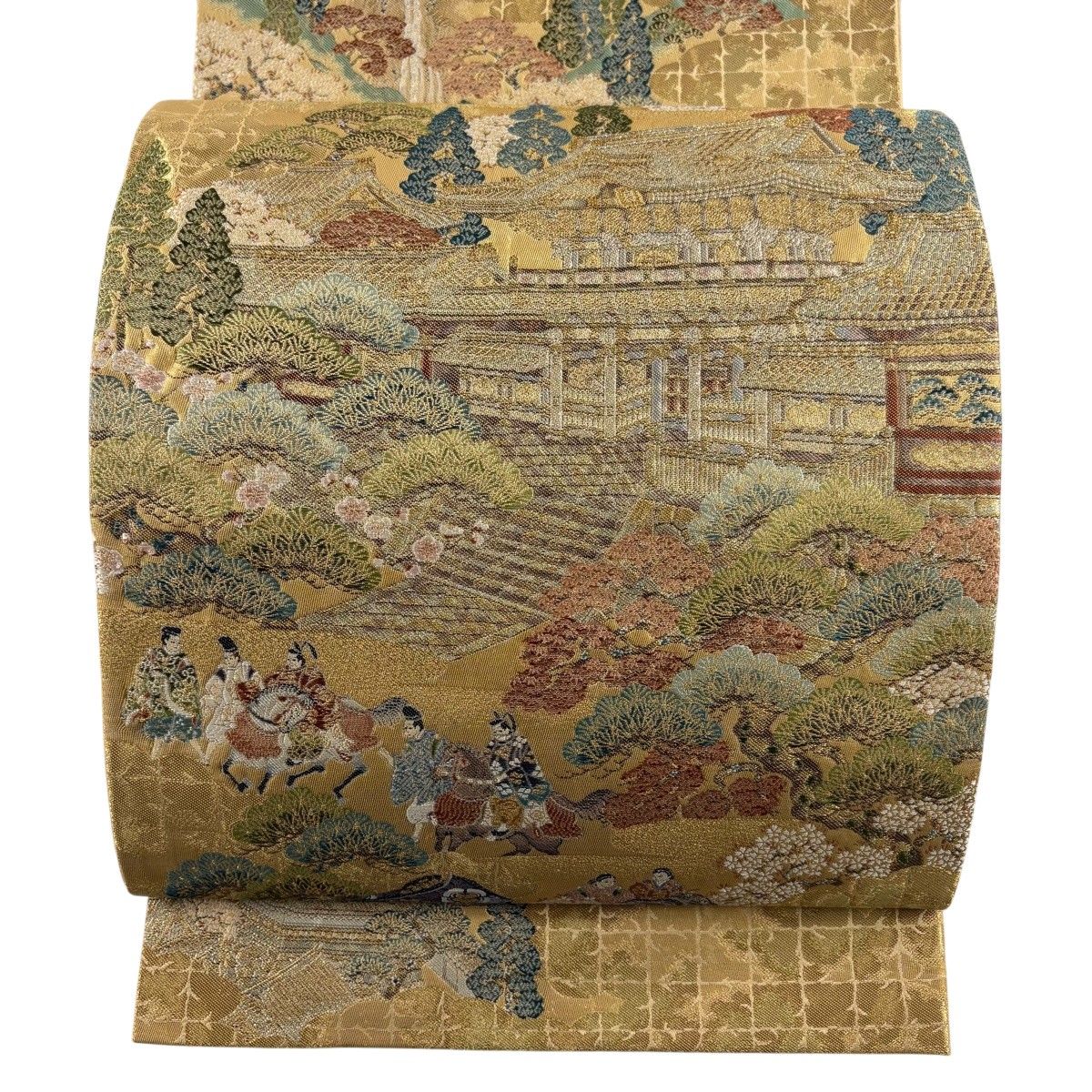 【美品】 袋帯 秀品 将軍日光参詣之図 風景 人物 箔 金銀糸 金色 全通 正絹 【中古】