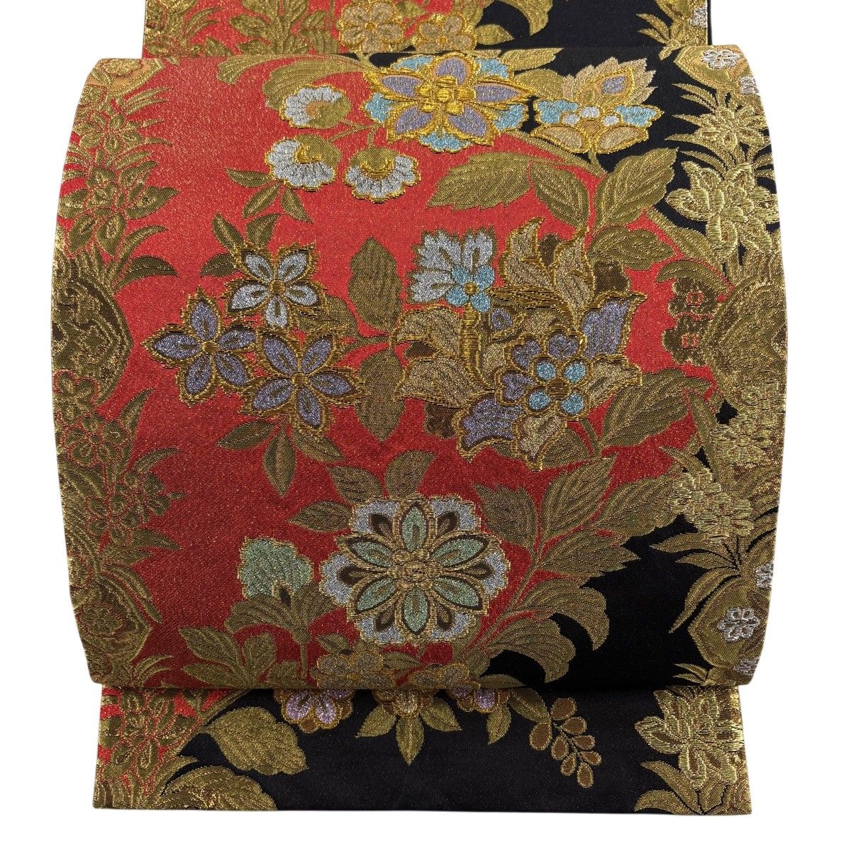 【美品】 袋帯 秀品 草花 更紗 箔 金糸 黒 六通 正絹 【中古】