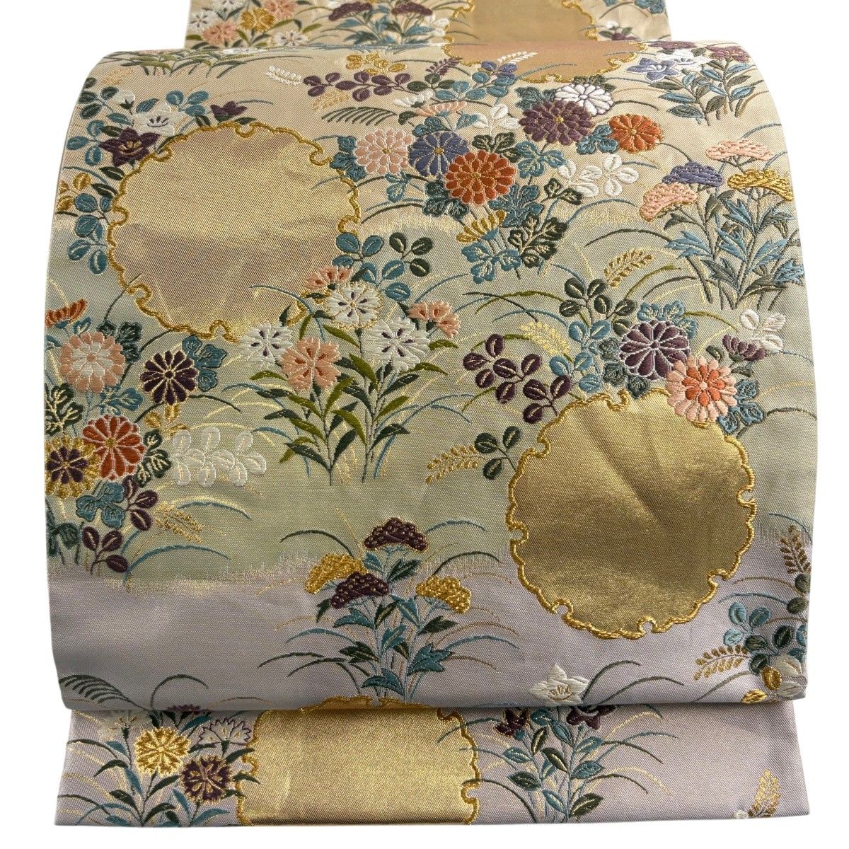 【美品】 袋帯 秀品 雪輪 秋草 金糸 箔 灰紫 六通 正絹 【中古】
