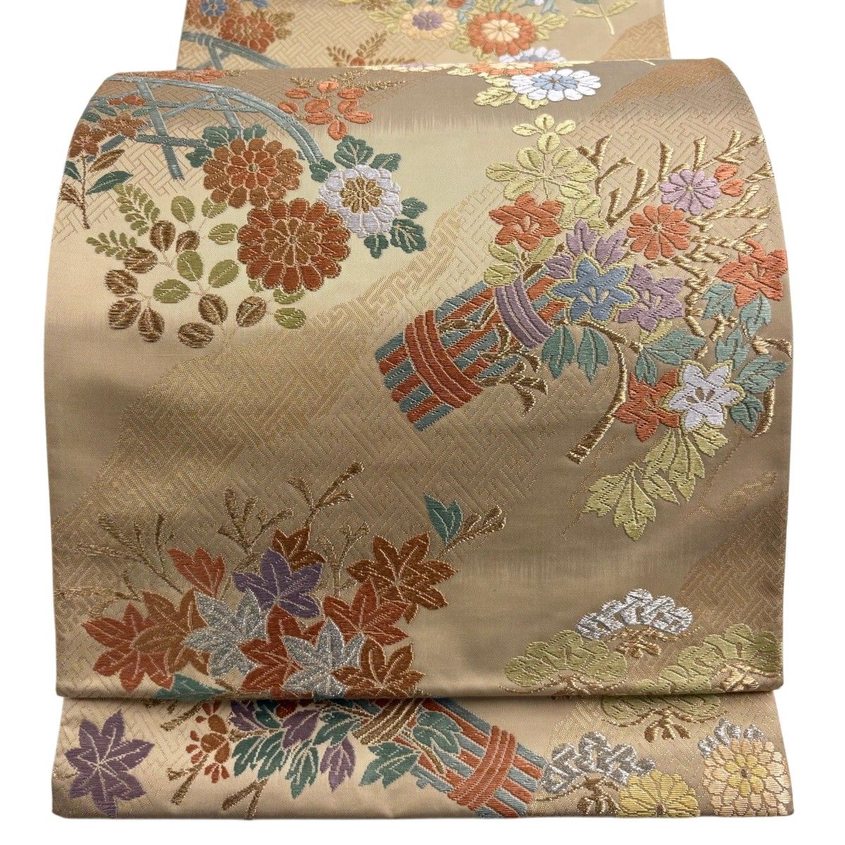 【美品】 袋帯 秀品 草花 光悦垣 金銀糸 箔 ベージュ 六通 正絹 【中古】