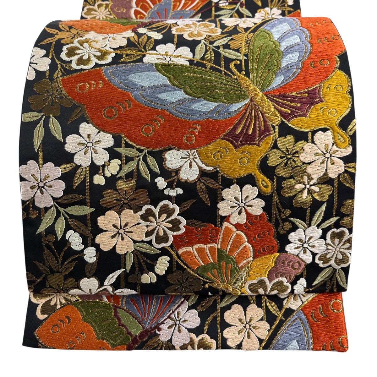 【美品】 袋帯 秀品 蝶 枝垂れ桜 唐織 箔 黒 六通 正絹 【中古】