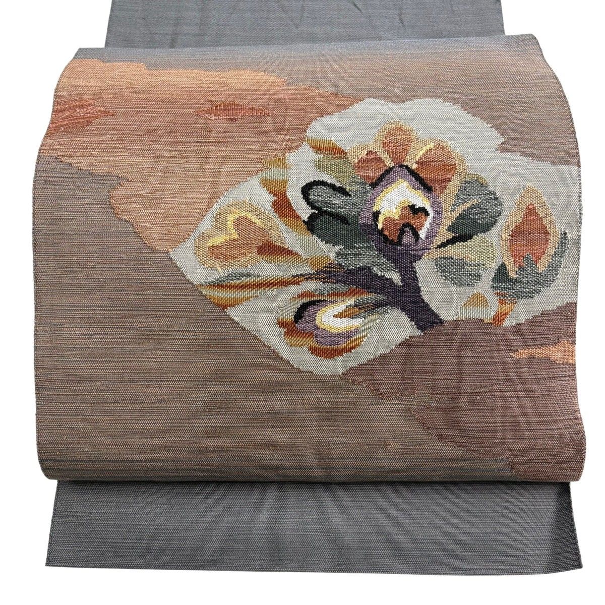 【美品】 名古屋帯 秀品 松葉仕立て 八寸名古屋帯 草花 霞 灰色 正絹 【中古】