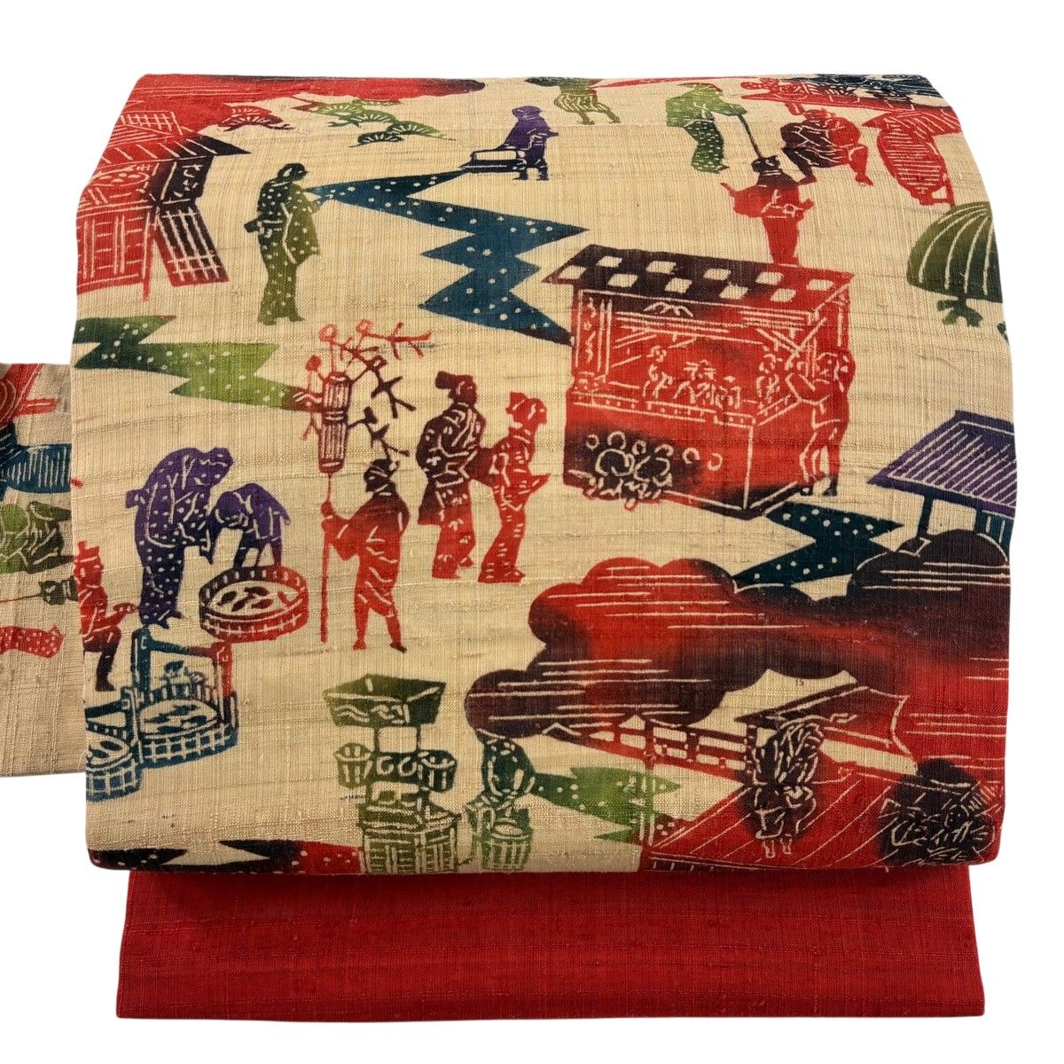 【美品】 名古屋帯 秀品 夏帯 紬地 人物 雲文 ベージュ 正絹 【中古】