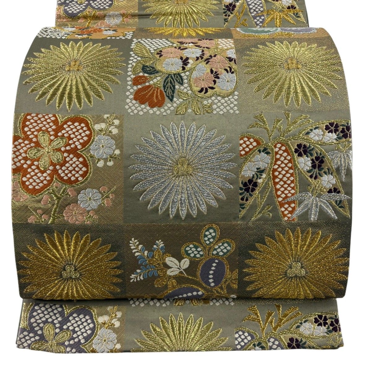 【美品】 袋帯 秀品 雅小袖 松竹梅 市松 金銀糸 箔 茶緑色 六通 正絹 【中古】