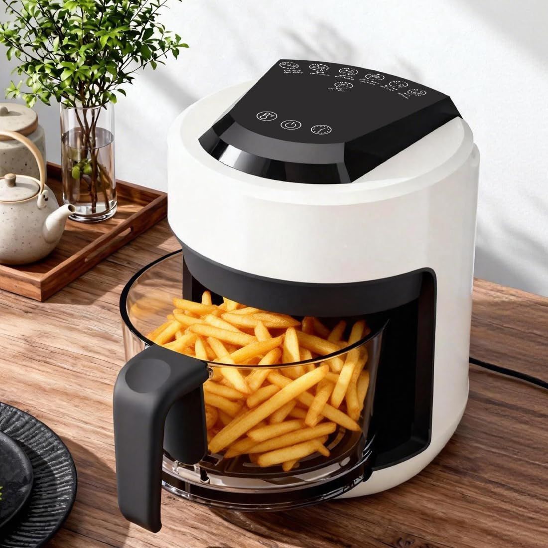 ★新品★C-J-W ノンフライヤー エアフライヤー 油なし 可視化 ガラスポット 一人用 2L 家庭用 コンパクト 電気フライヤー 揚げ物 温め直し ノンオイル 調理家電 温度調整/タイマー 一人暮らし 卓上 タッチパネル 360°熱風循環 f34e22dc