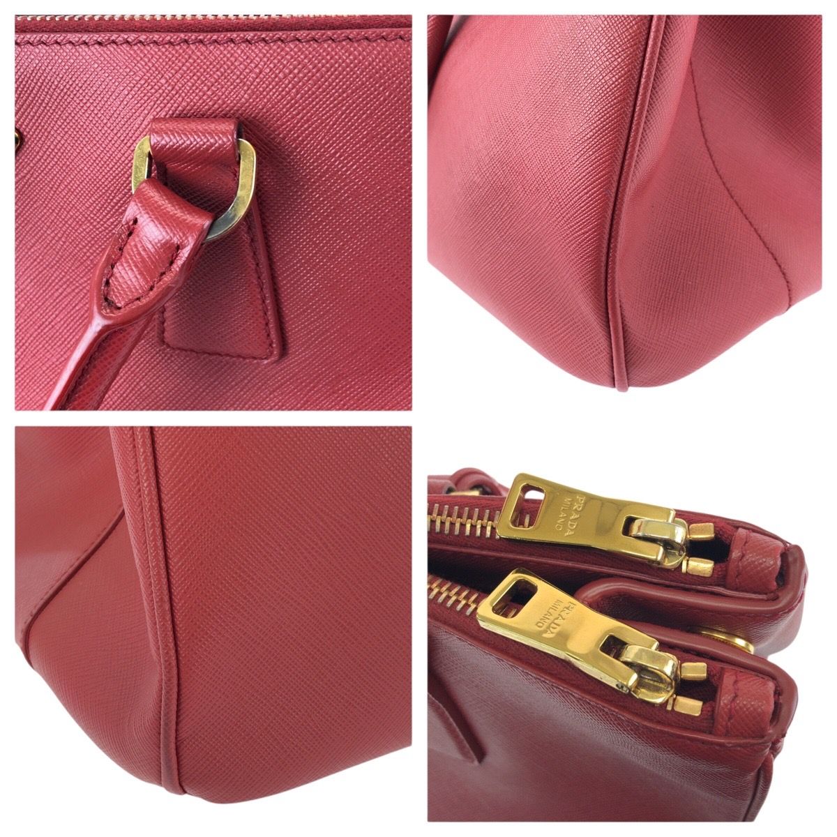 美品 PRADA プラダ サフィアーノ 三角ロゴプレート レッド ゴールド