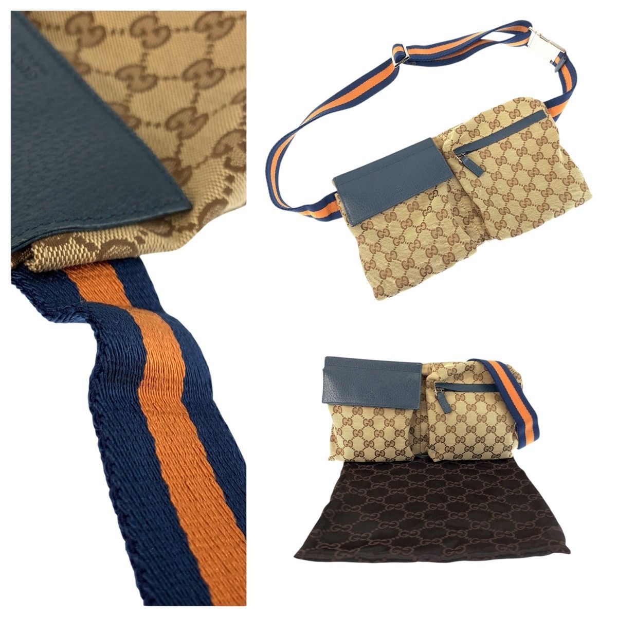 GUCCI ウエストポーチボディバッグGGキャンバス シェリーラインブラウン 美品 GUCCI グッチ シェリーライン ブラウン ブルー シルバー金具 GG