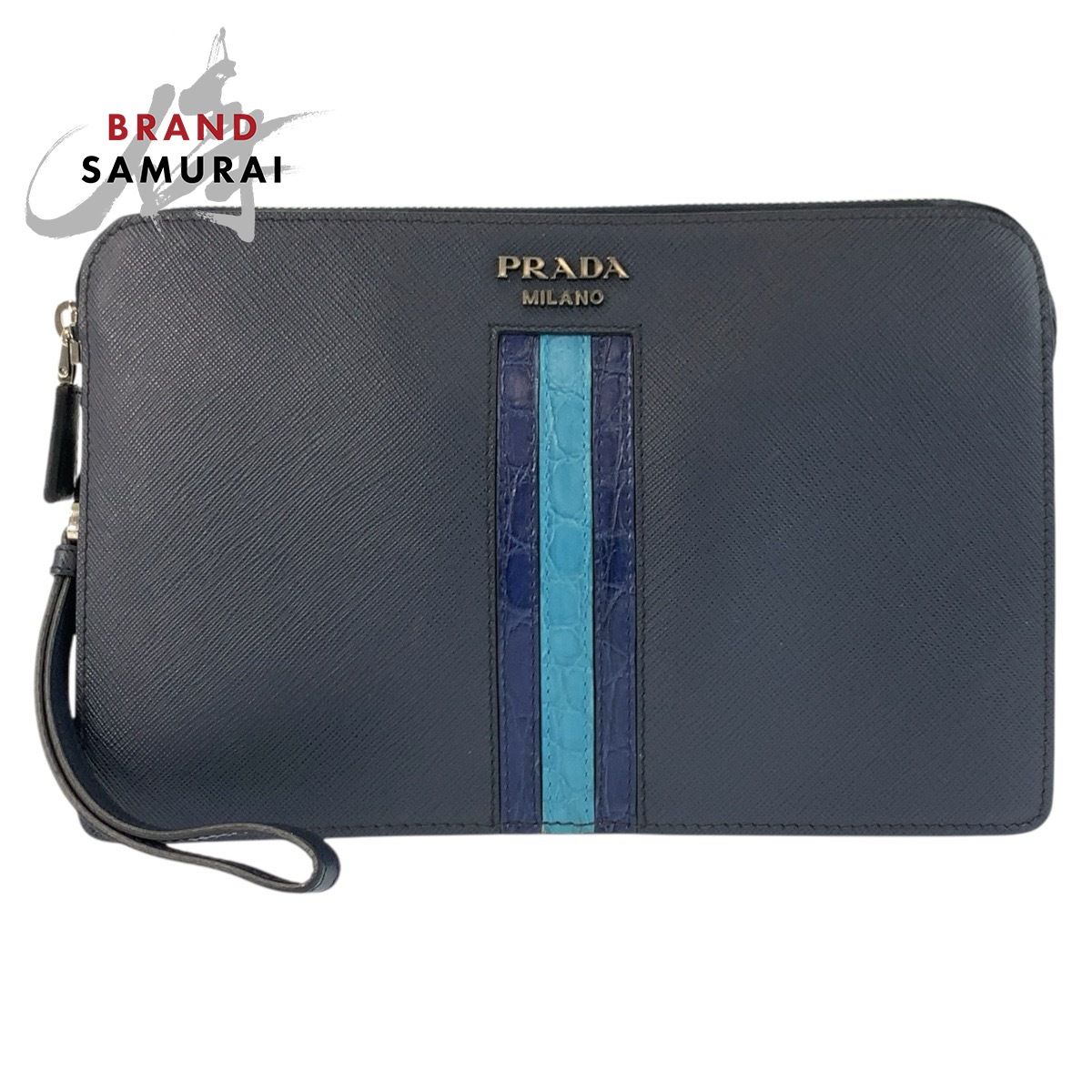美品 PRADA プラダ サフィアーノ ネイビー シルバー金具 レザー 