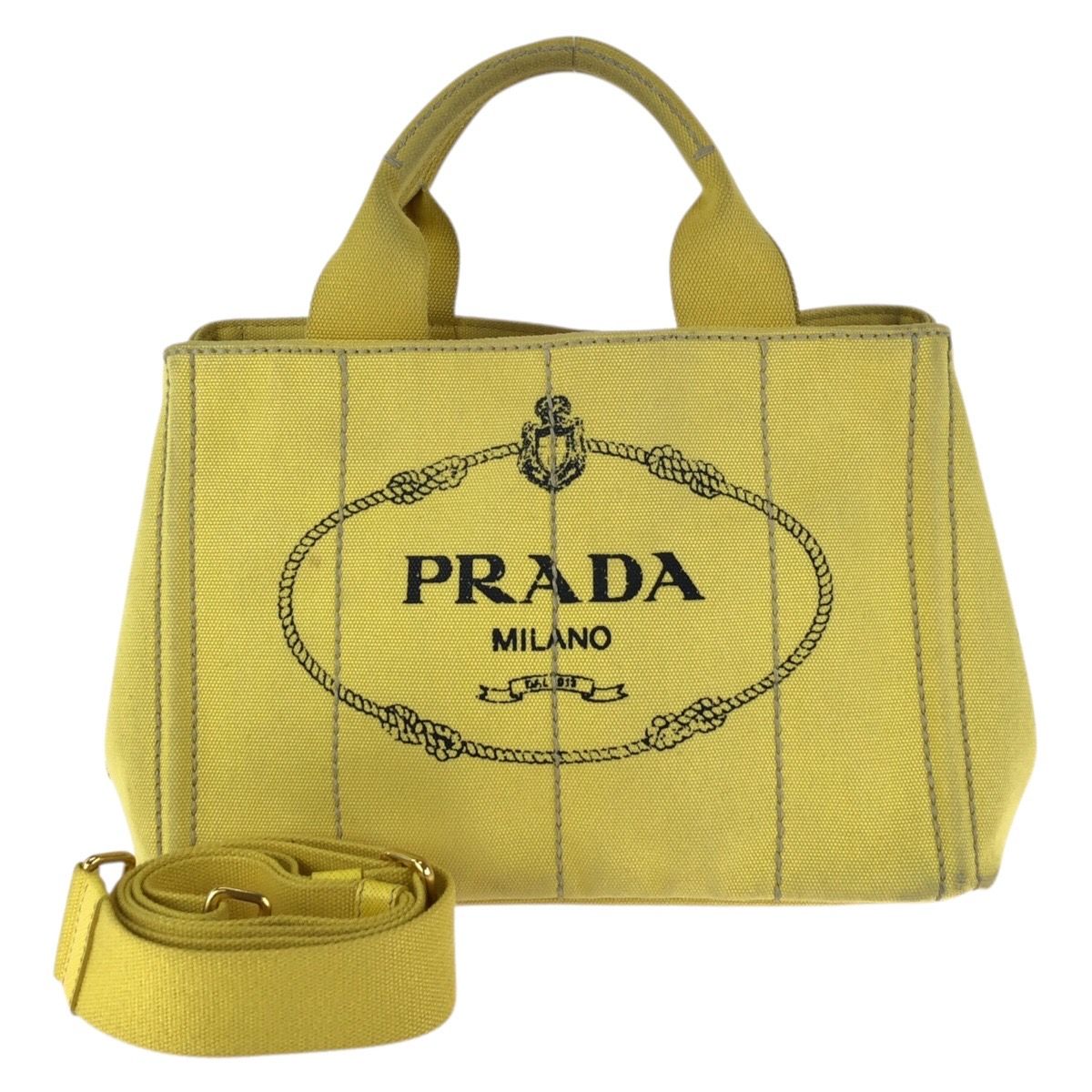 プラダ　カナパ　ハンドバッグ　2WAY　三角ロゴゴールド金具ショルダー付 PRADA プラダ カナパ 三角ロゴプレート 2way イエロー ゴールド金具