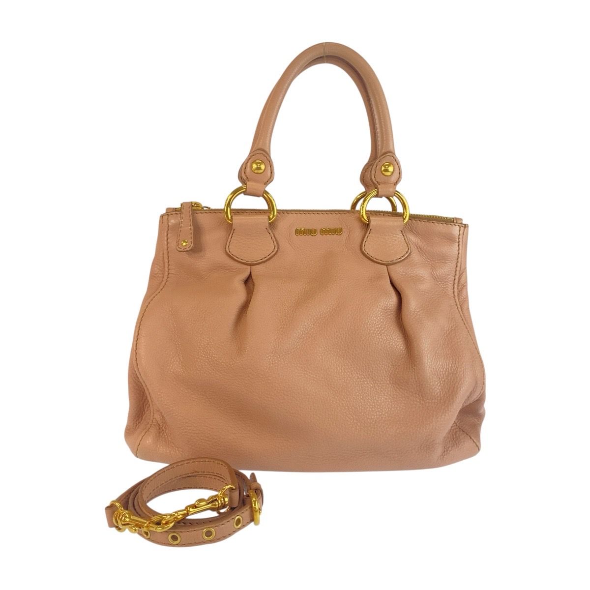 miumiuベージュ レザー ハンドバッグ 金具ロック付き 美品 MIUMIU ミュウミュウ ピンク ベージュ ゴールド金具 レザー