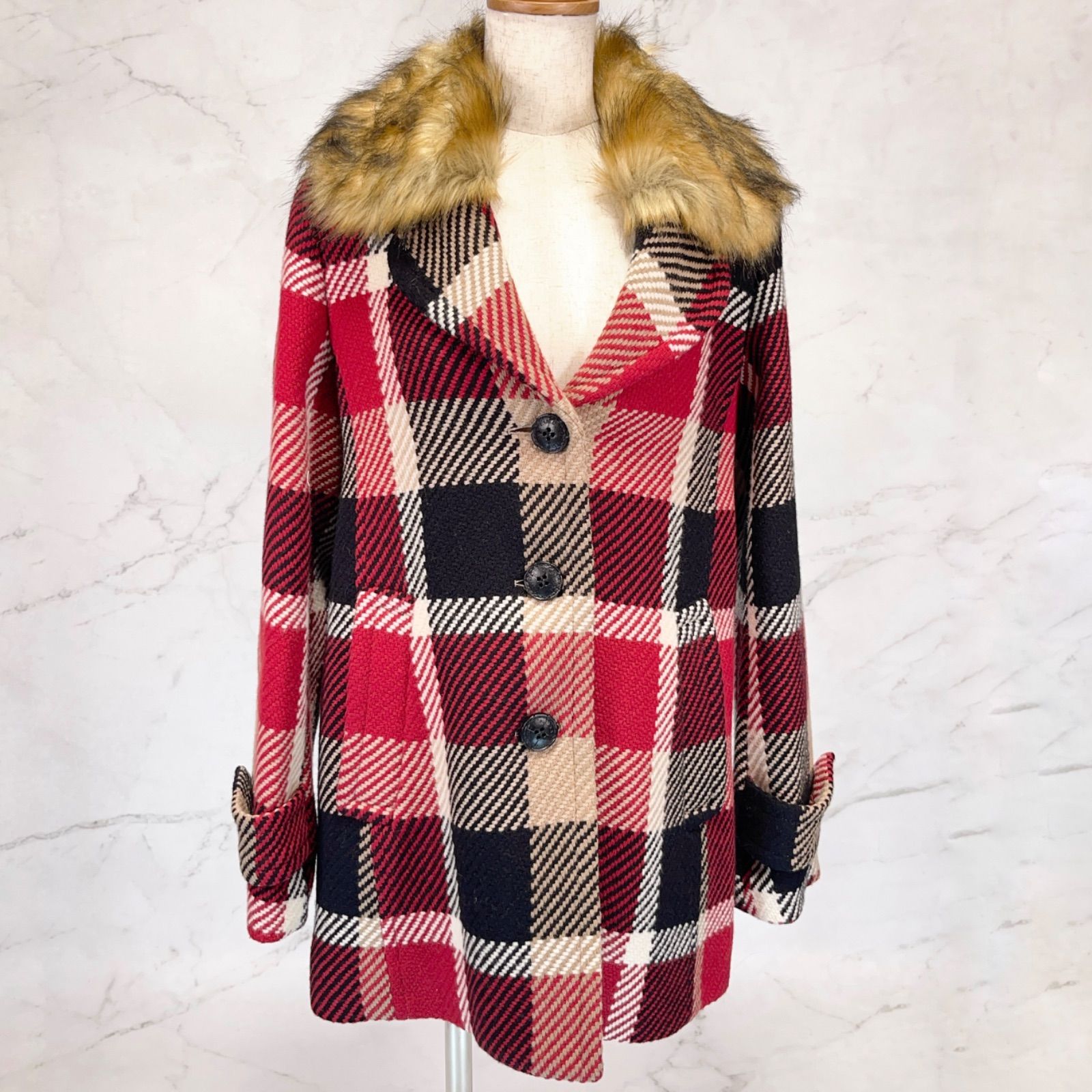 美品　BLUE LABEL CRESTBRIDGE ブルーレーベルクレストブリッジ　2WAY コート クレストブリッジチェック ウール　ナイロン　フェイクファー　38サイズ