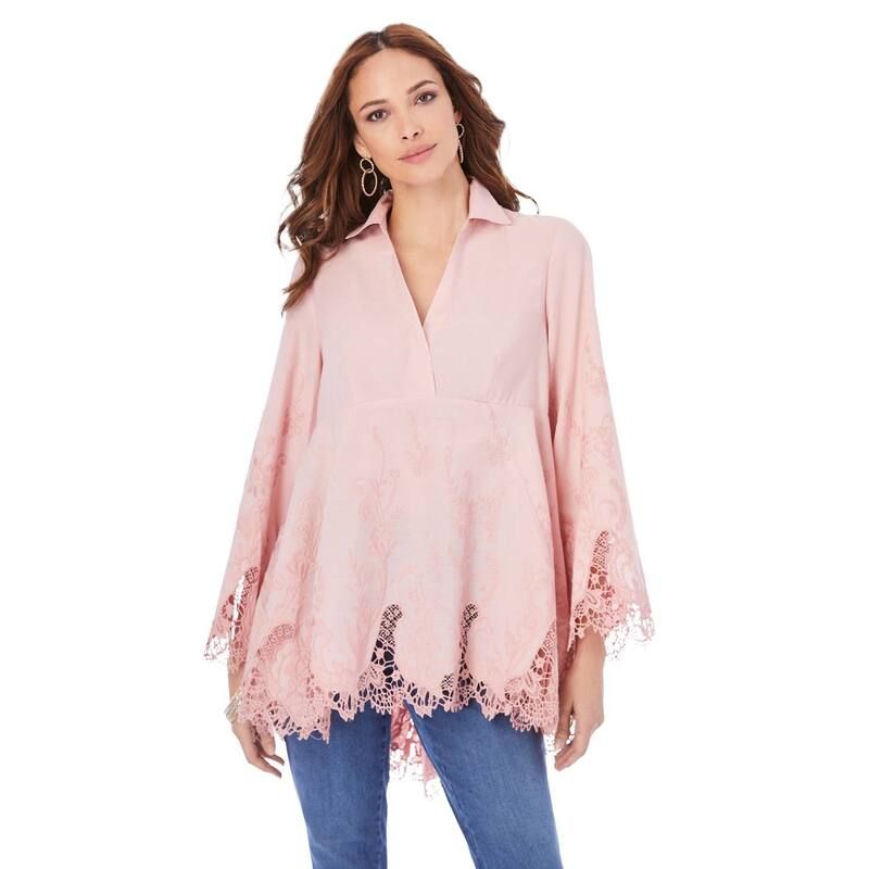 ロアマンズ レディース トップス Tシャツ プラスサイズ 刺繍 Roamans Womens Plusize Poplin Embroidered Swing Tunic Soft Blush ブラッ