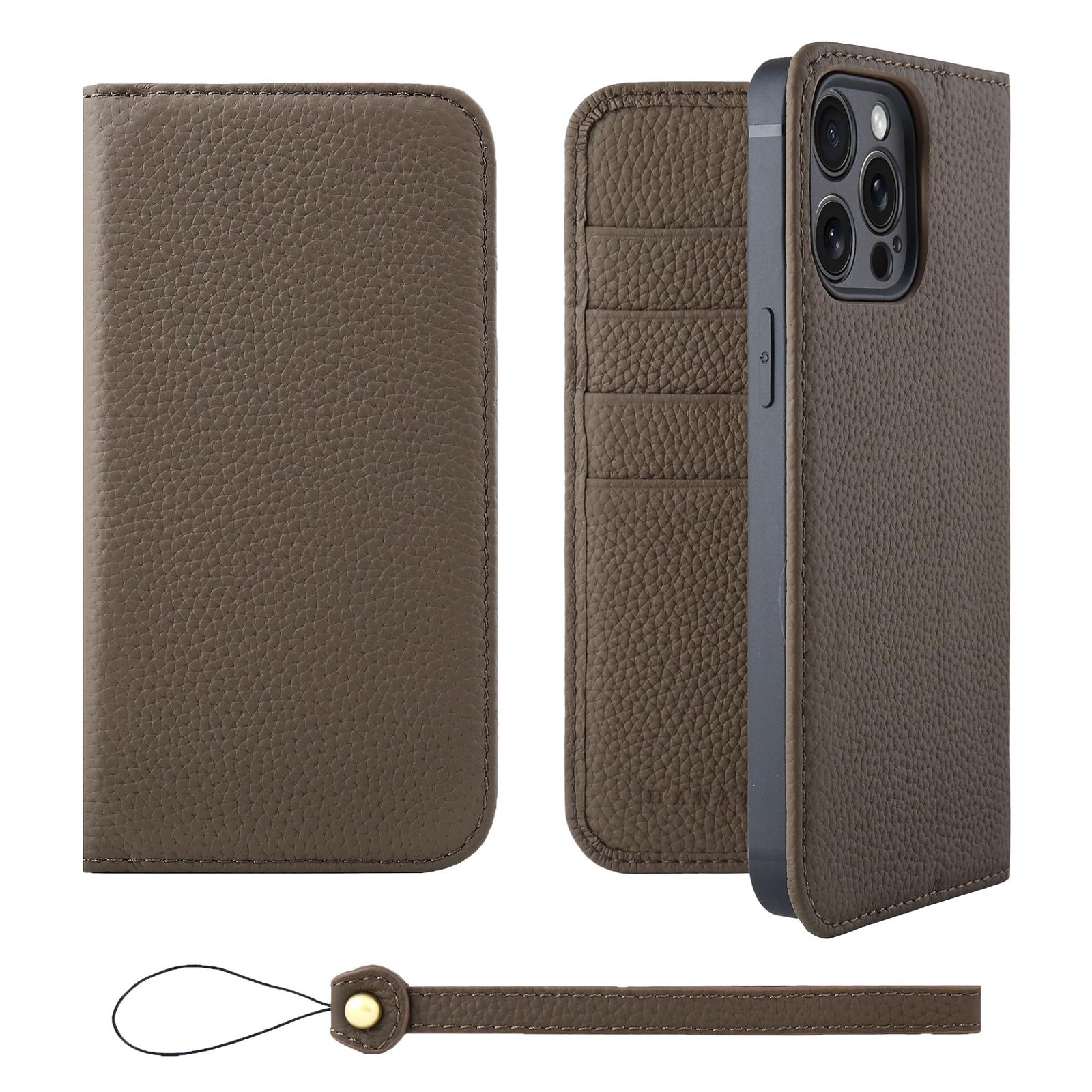 HANATORA for iPhone 15ProMax ケース 手帳型 本革 スマホケース スマホ スタンド ストラップ 付き シュリンクカーフレザー ベルトなし マグネットなし トープ H0XA-15ProMax-Taupe ギフト 誕生日 女性 男性 彼