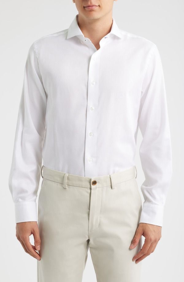 ロレンゾウオモ メンズ トップス シャツ コットン Lorenzo Uomo Trim Fit White Cotton Herringbone Dresshirt White ホワイト