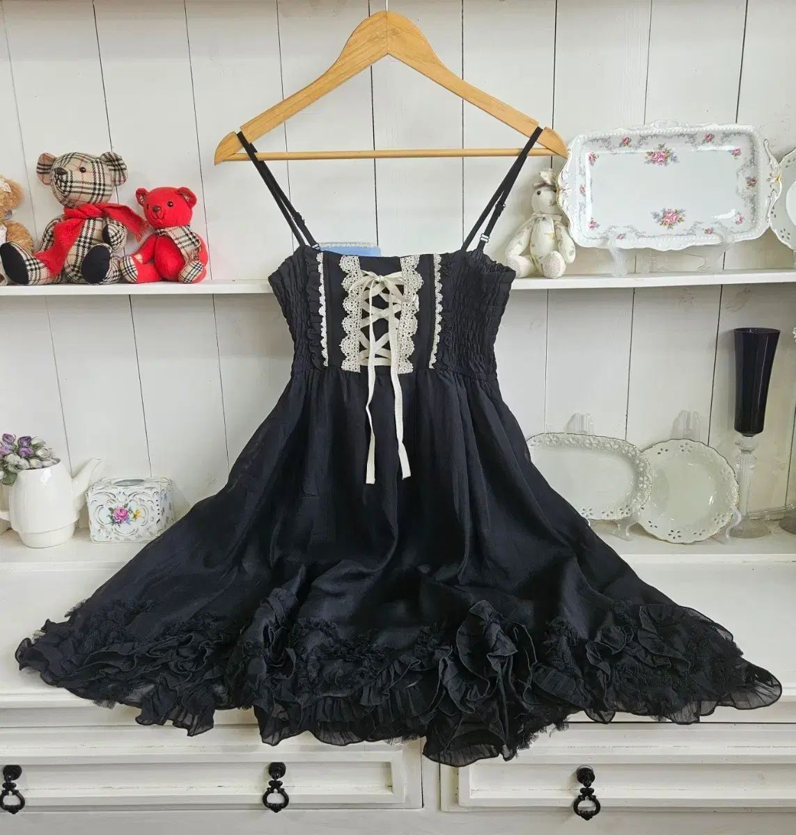 axes femme (アクセス出品) レースアップ シフォン キャミソール ブラックワンピース