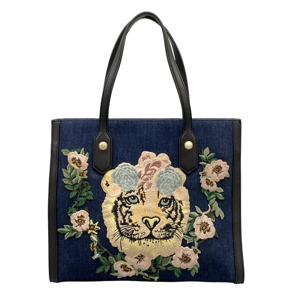 GUCCI(グッチ) トートバッグ タイガーエンブロイダリートートバッグ 456545 ネイビー×黒×マルチ 刺繍/フラワー/JAPAN EXCLUSIVE レザー