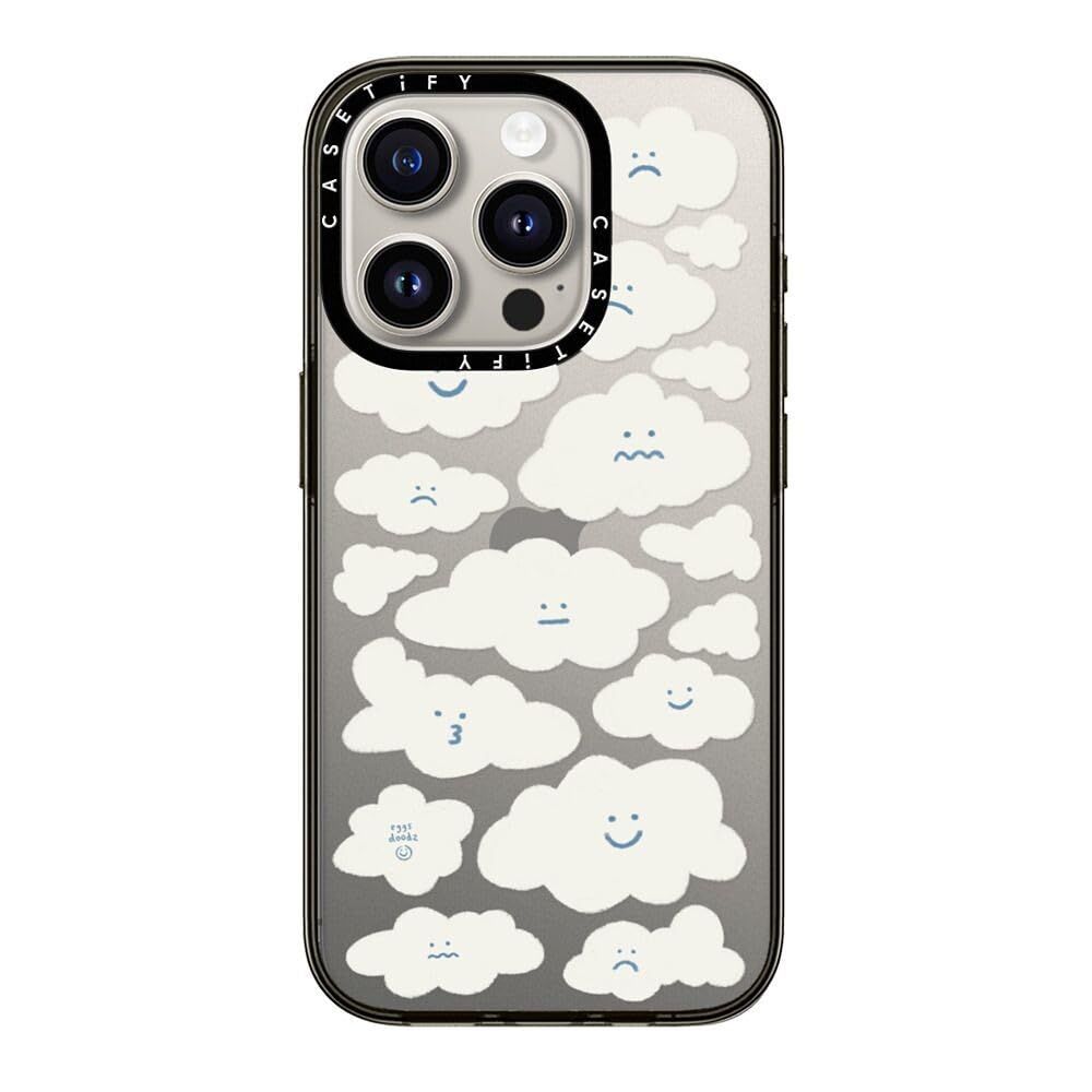 CASETiFY コンパクト iPhone 15 Pro ケース [薄型 軽量/耐衝撃/ワイヤレス充電に対応] - Cute Clouds - クリア ブラック