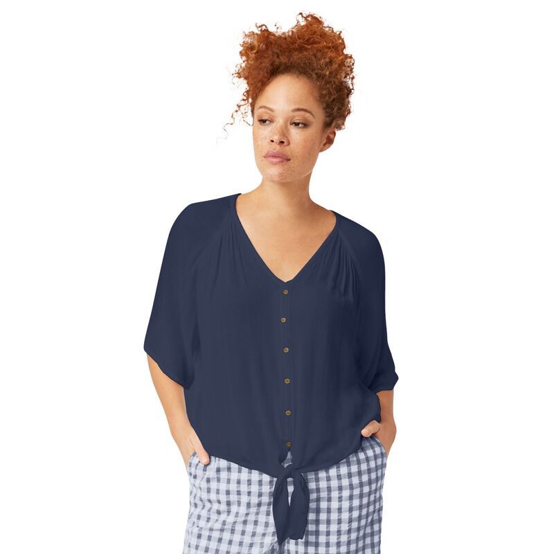 Ellos レディース トップス シャツ プラスサイズ ブラウス ellos Plusize Crinkle TieFront Blouse Navy ネイビー