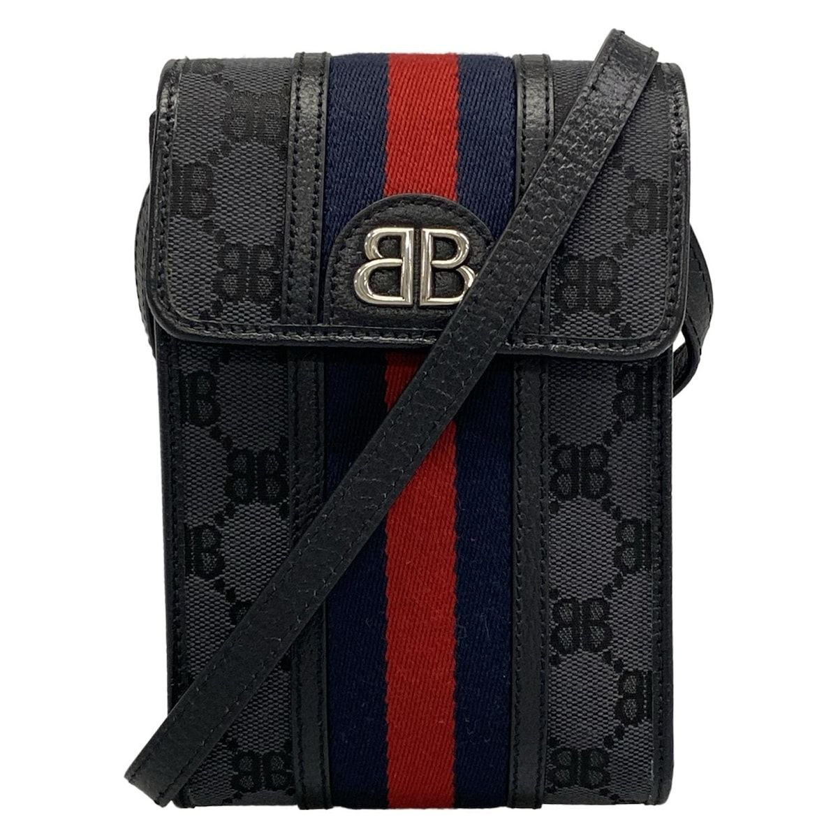 バレンシアガ ショルダーバッグ ザ ハッカー プロジェクト フォンバッグ 680130 黒×ダークネイビー×レッド GUCCIコラボ レザー